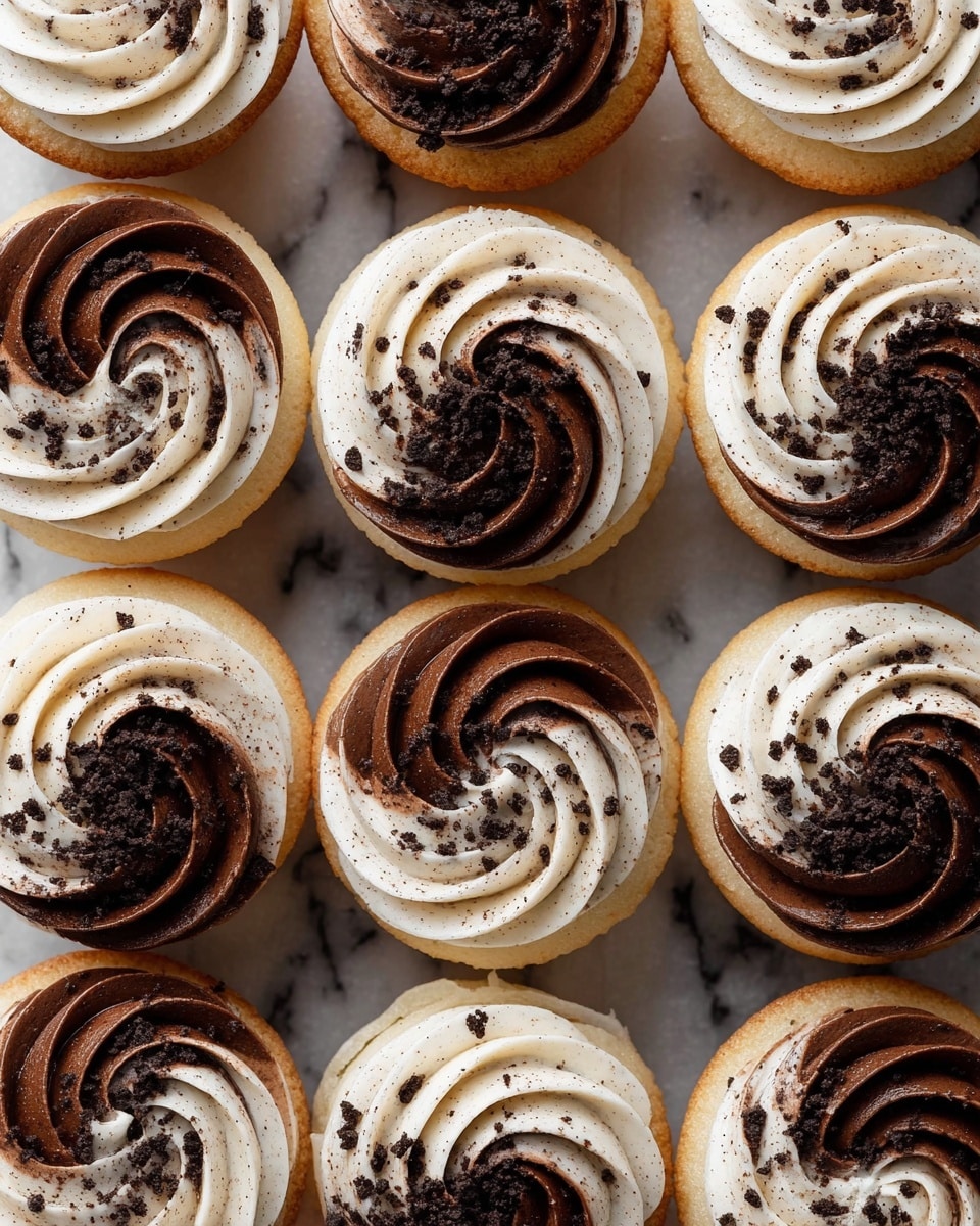 A group of cupcakes arranged in rows on a surface with white marbled texture, each has one layer of light beige cake topped with a thick swirl of two-tone frosting, half white and half dark chocolate brown, with a ridged, smooth texture. The frosting swirl starts from the center and extends outward, creating a spiral effect. The cupcakes are sprinkled on top with small, dark cookie crumbs that add texture and contrast against the smooth frosting. photo taken with an iphone --ar 4:5 --v 7