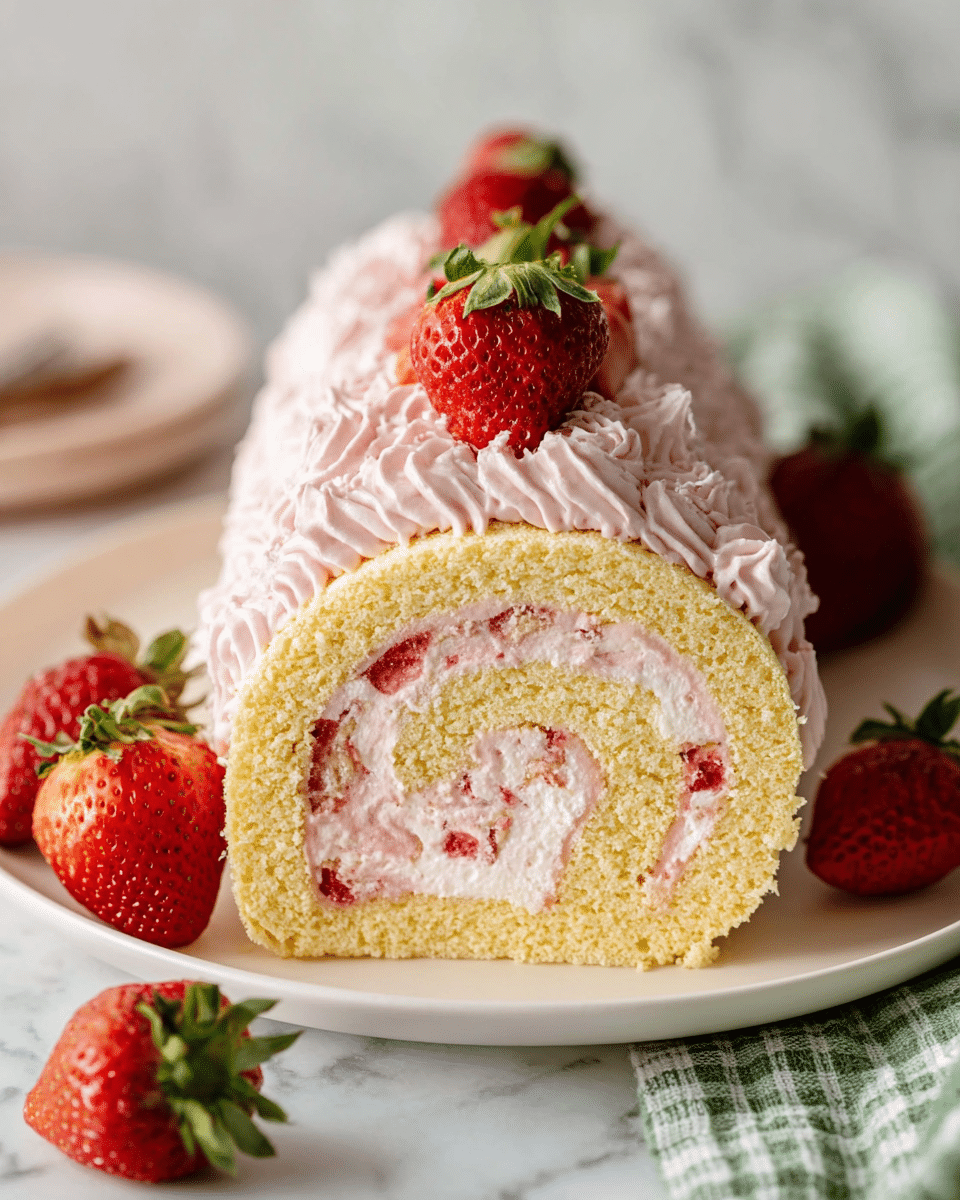 A close-up view of a rolled sponge cake with three visible layers: the light yellow sponge cake, a thick swirl of pale pink cream filling with strawberry pieces inside, and a top layer of the same pink cream piped with soft textured peaks. On top, there are several halved fresh strawberries with bright red skin and green leaves, some placed upright and some lying flat. The roll cake sits on a white plate, surrounded by whole strawberries, all placed on a white marbled surface with a green and white checkered cloth nearby. photo taken with an iphone --ar 4:5 --v 7