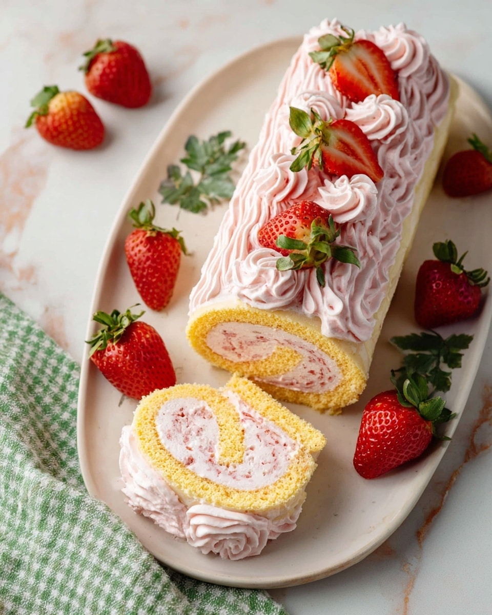 A white oval plate holds a strawberry roll cake on a white marbled surface. The roll cake has two visible layers: a soft yellow sponge cake rolled with a light pink cream filling that is swirled inside. The top is decorated with piped swirls of the same light pink cream and topped with halved fresh strawberries with green leaves. Whole fresh strawberries surround the roll cake on the plate. A green and white checkered cloth is placed beside the plate. Photo taken with an iphone --ar 4:5 --v 7