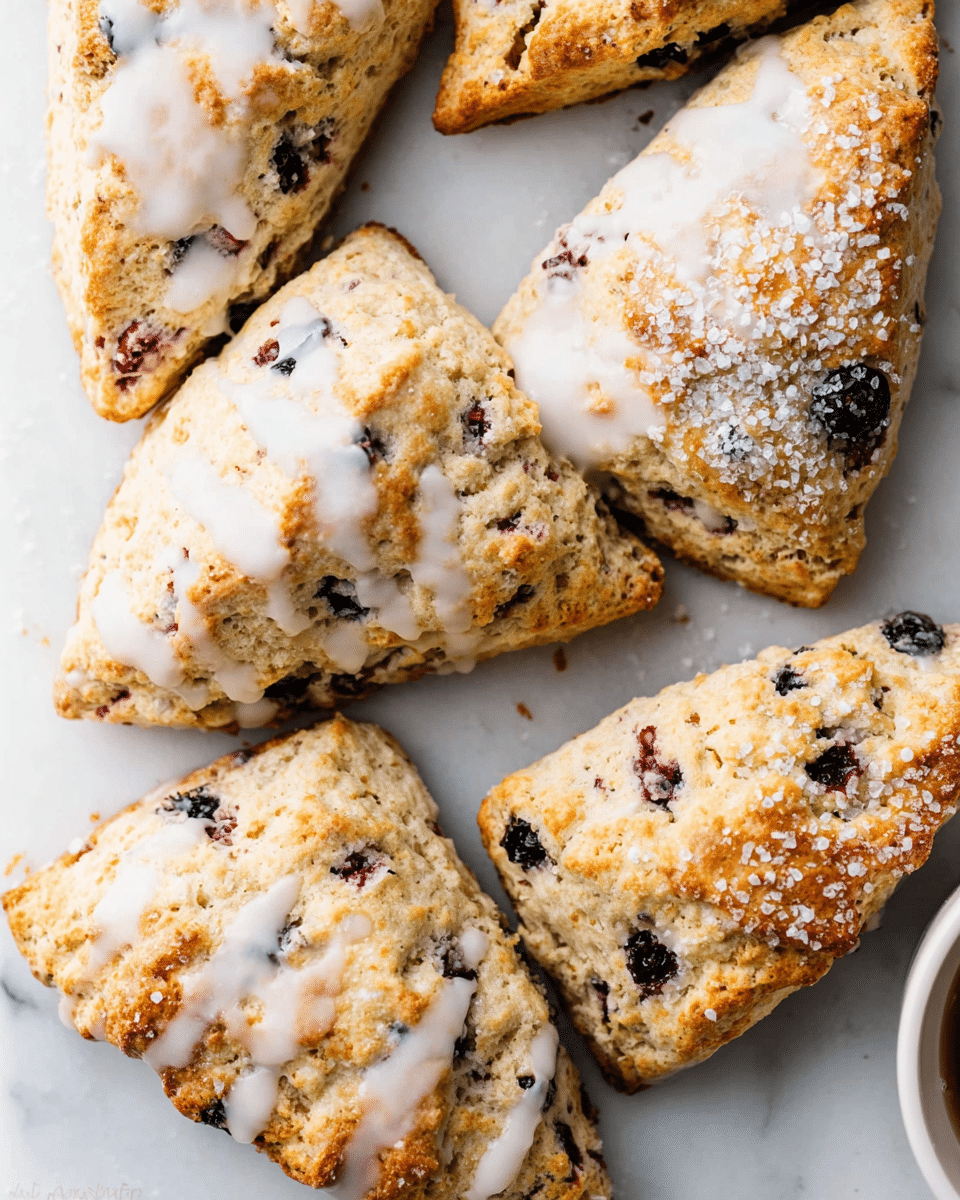 A group of golden-brown triangular scones arranged closely on a white marbled surface, each showing a crumbly texture with bursts of dark chocolate chips and mixed berries inside. Some scones have a smooth, glossy white glaze drizzled or spread unevenly over the top, while others are lightly dusted with powdered sugar and coarse sugar crystals, adding a sparkle. The scones have slightly cracked tops, revealing a soft inside with visible chunks of fruit and chocolate. photo taken with an iphone --ar 4:5 --v 7
