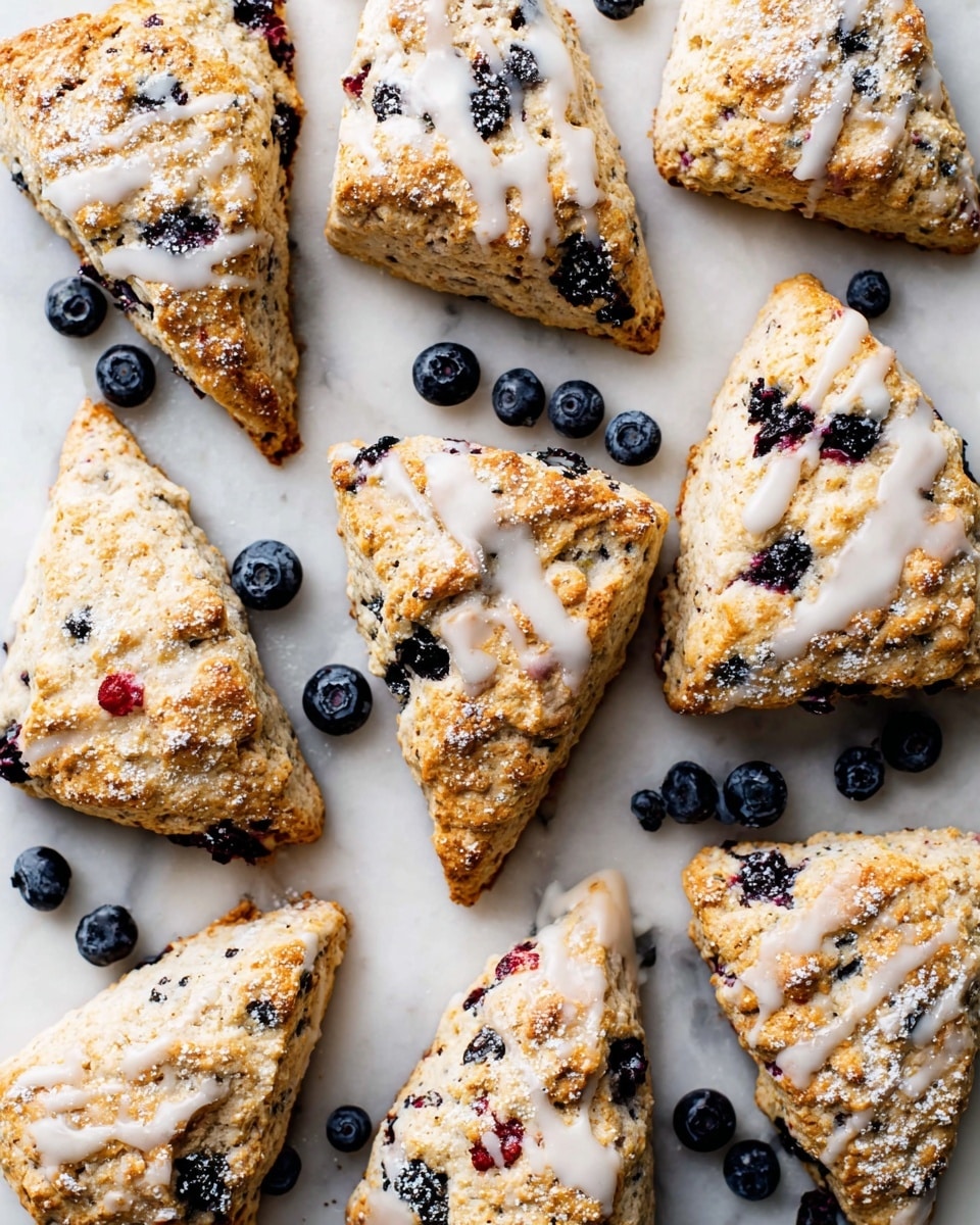 Several triangular scones are spread out on a white marbled surface. Each scone has a golden-brown crust with a rough texture and is filled with dark blueberries and some red pieces, giving small pops of color inside. Some scones are topped with a thin white glaze, drizzled unevenly across the top, while others have a dusting of powdered sugar that adds a light, snowy look. The edges of each scone are slightly crisp, showing a contrast between the soft inside and the firmer outside. Extra blueberries are scattered between the scones, adding more deep blue tones to the scene. photo taken with an iphone --ar 4:5 --v 7
