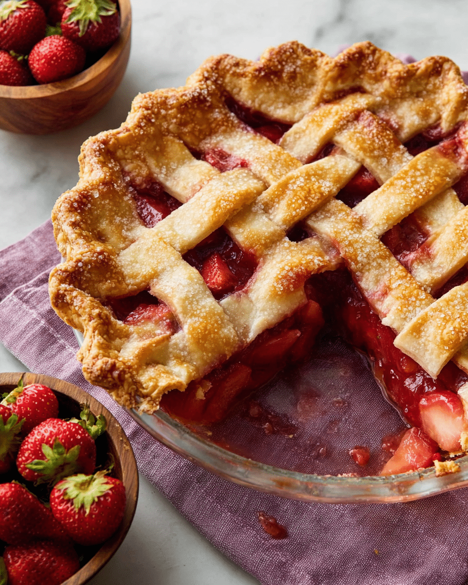 A round pie with a golden brown lattice crust sits in a clear glass dish, showing layers of glossy red strawberry filling visible through the woven crust strips. The crust edges are thick, flaky, and textured with sugar crystals sparkling under light. One slice is removed, revealing juicy, chunky strawberry pieces inside and some filling spilled onto the clear dish bottom. Nearby, a wooden bowl filled with fresh bright red strawberries rests on a white marbled surface next to a wrinkled purple cloth. Photo taken with an iphone --ar 4:5 --v 7
