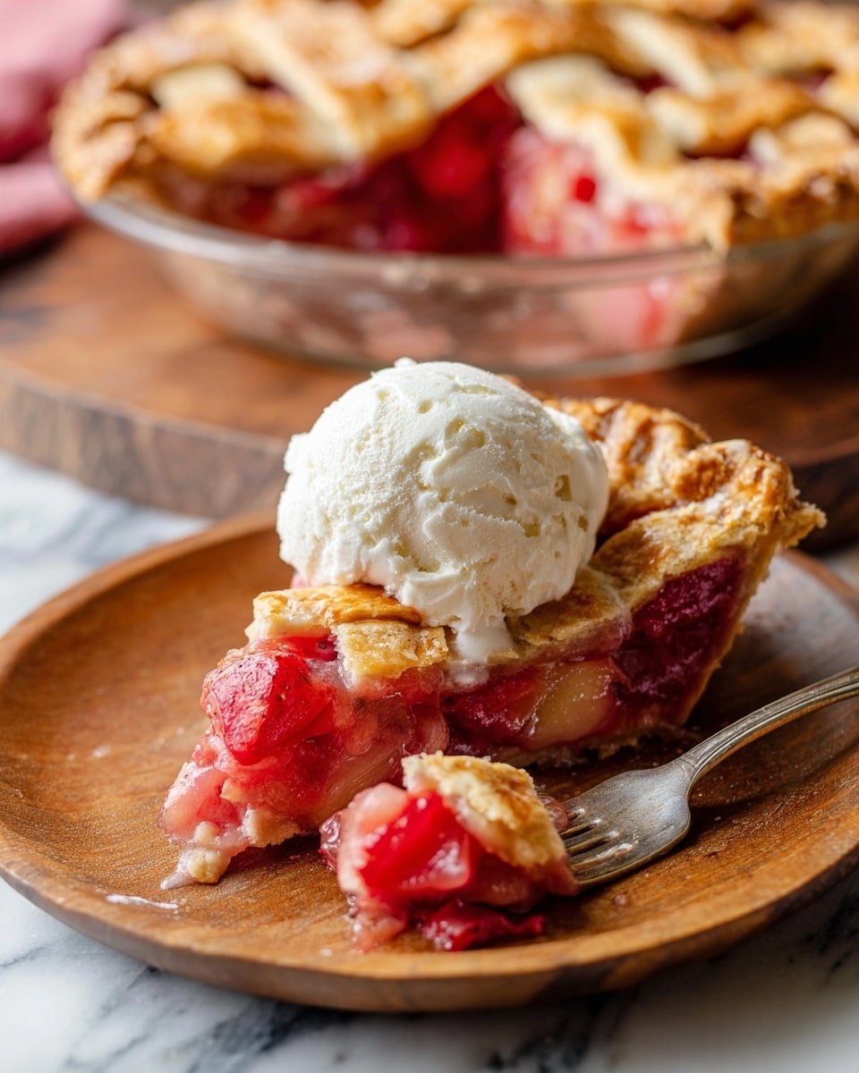 A slice of fruit pie sits on a round wooden plate, showing three layers: a golden brown lattice crust on top with a slightly rough texture, a thick, chunky red and pink fruit filling beneath, and a firm bottom crust supporting it all. A scoop of creamy white ice cream with soft swirls is placed on the pie slice, adding a smooth contrast. A silver fork rests on the right side of the plate, holding a small piece of the pie with fruit filling visible. In the background, a whole pie with a similar lattice crust is slightly out of focus, resting on a white marbled surface. photo taken with an iphone --ar 4:5 --v 7