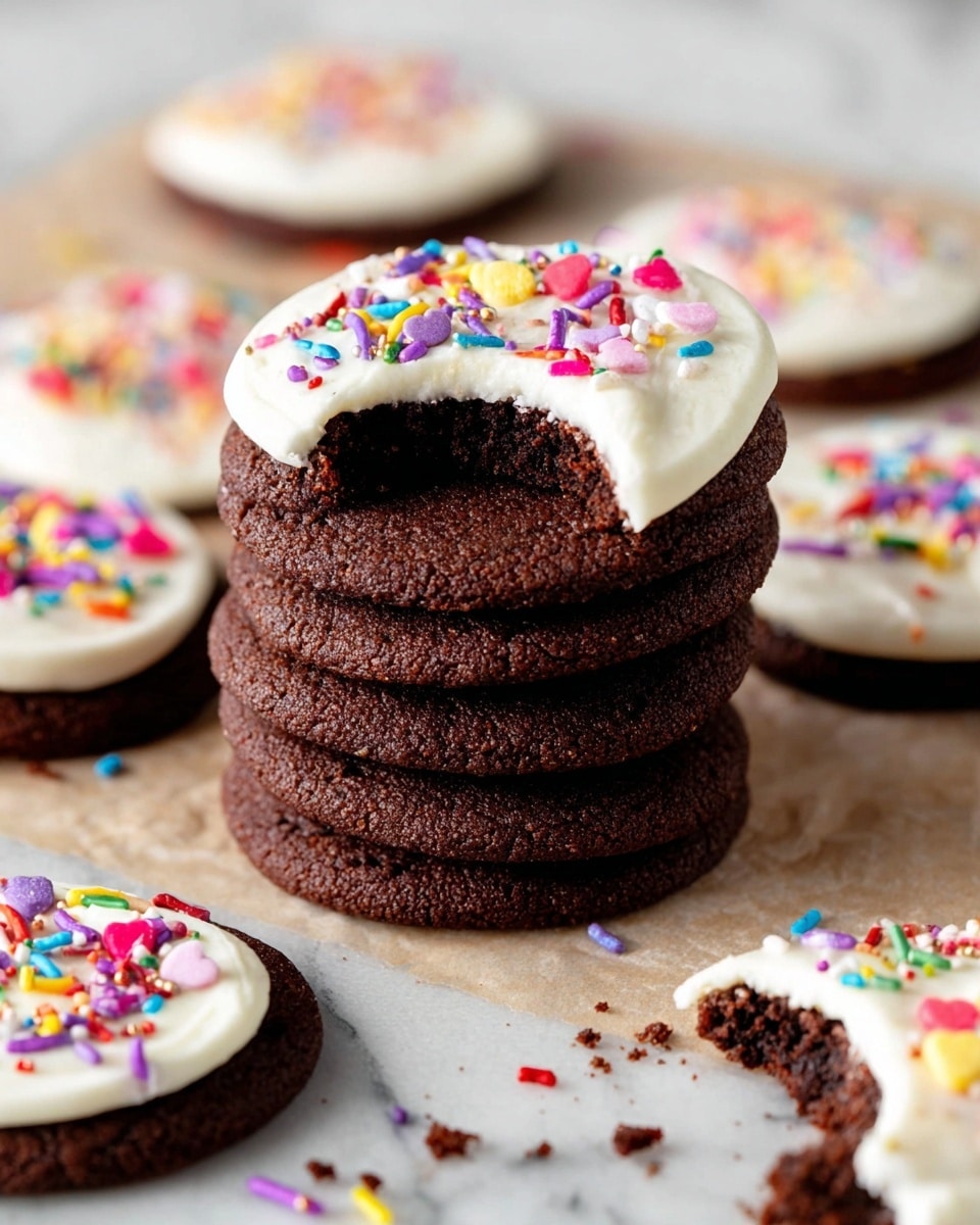 A stack of six thick, round, dark brown chocolate cookies is placed on a white marbled surface. On top of the stack is a cookie with a thick layer of smooth white frosting, decorated with colorful sprinkles in pink, purple, blue, yellow, red, and green; this cookie has a bite taken out, showing the soft texture inside. Around the stack, similar cookies with white frosting and sprinkles are scattered, some whole and some with bites taken out, all resting on the same white marbled background with visible cookie crumbs nearby. photo taken with an iphone --ar 4:5 --v 7