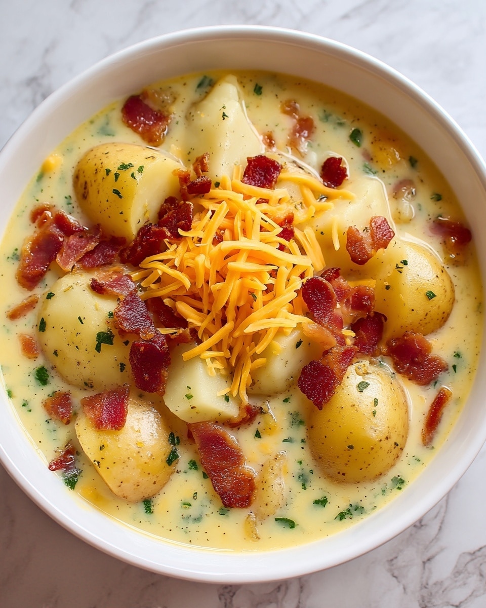 A close-up view of a white bowl filled with creamy potato soup, showing about three layers of ingredients. The base layer is a thick, creamy, pale yellow soup with herbs mixed in. Large chunks of soft, light yellow potatoes sit on top in the second layer, scattered evenly. Crispy, reddish-brown bacon pieces are spread around the potatoes. The top layer has a small pile of shredded cheddar cheese, bright orange in color, adding contrast. The bowl is placed on a white marbled texture surface. photo taken with an iphone --ar 4:5 --v 7
