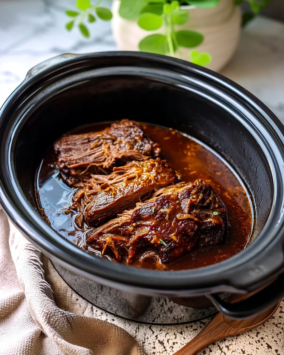 A close-up of two large pieces of cooked beef roast with a rich, dark brown crust sitting in a black slow cooker filled with thick, dark brown gravy. The beef has a shiny, textured surface with visible small chunks of cooked onions and seasoning. One piece is whole while the other is sliced open, showing tender, juicy, and slightly pink meat inside with a seared dark outer layer. The sauce surrounds the meat, giving a moist and flavorful look. Photo taken with an iphone --ar 4:5 --v 7