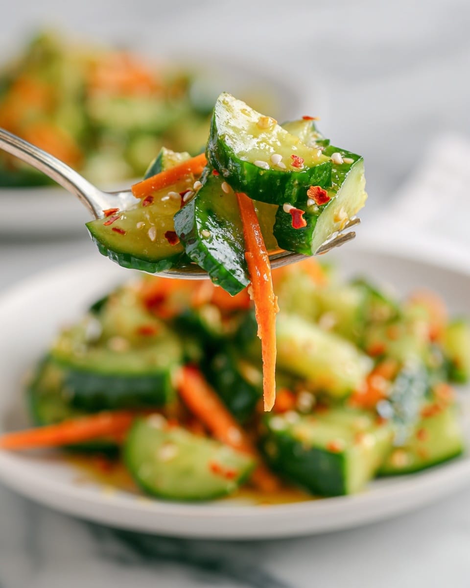 A close-up view of a silver fork holding a bite of cucumber salad, featuring bright green cucumber pieces with a shiny, slightly wet texture. The cucumbers are mixed with thin orange carrot strips and sprinkled with small white sesame seeds and red chili flakes, all combined in a light sauce that glistens on the vegetables. In the blurred background, more cucumber salad sits on a white plate over a white marbled surface, enhancing the fresh and vibrant look of the dish. Photo taken with an iphone --ar 4:5 --v 7