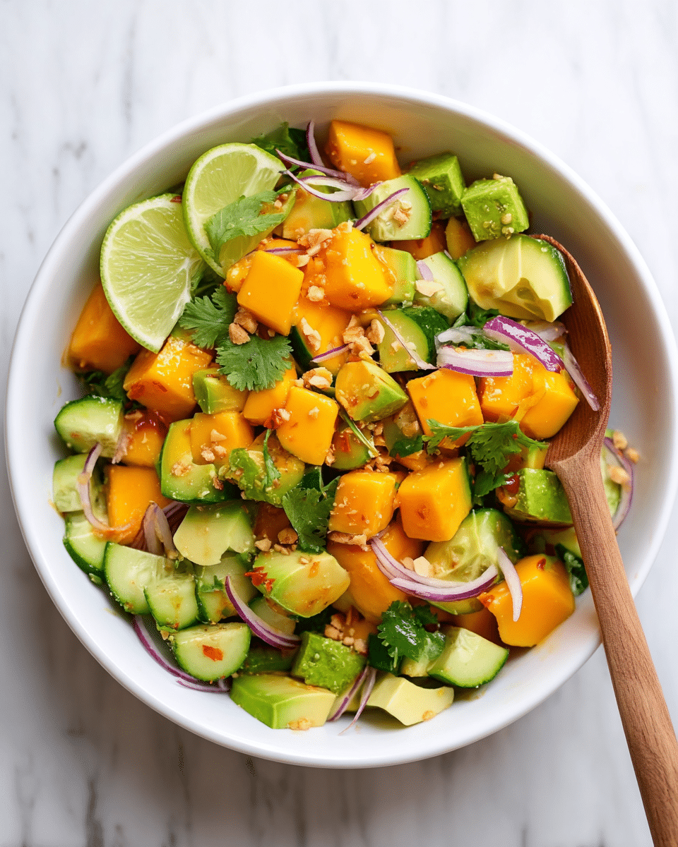 A white bowl filled with a colorful salad showing large chunks of bright orange mango mixed with green cucumber pieces and small cubes of avocado. Thin slices of pale purple onion are scattered throughout the middle layer, while fresh green cilantro leaves and small bits of crushed nuts are sprinkled on top, giving a crunchy texture. Two lime wedges sit on one side of the bowl, adding a fresh touch. A wooden spoon is partially submerged on the right side, ready for serving. The bowl is placed on a white marbled surface. photo taken with an iphone --ar 4:5 --v 7