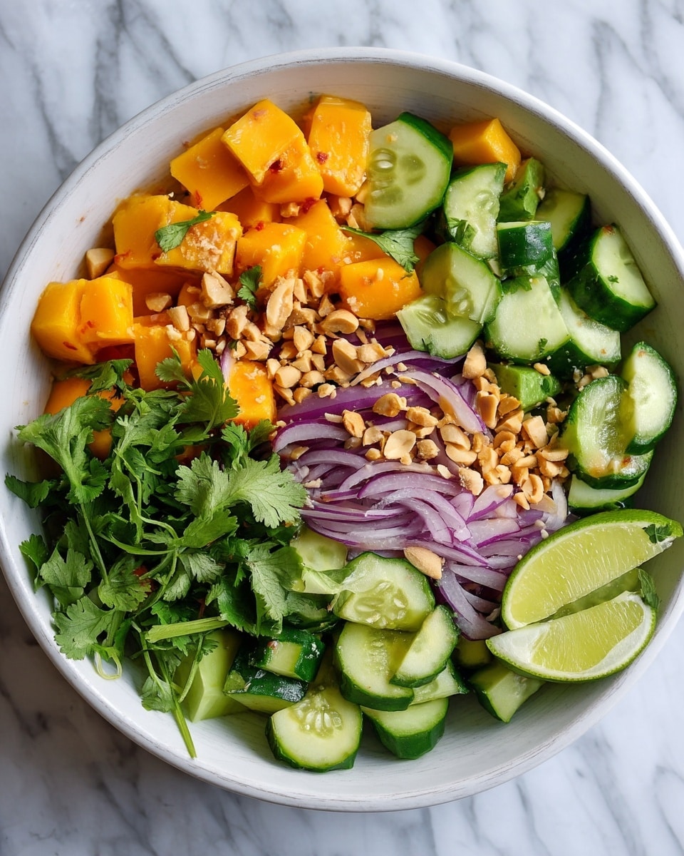 A close-up of a white bowl filled with a colorful salad that has about five layers of ingredients. The bottom layer has bright orange chunks that look soft and juicy. The next layer shows chopped cucumber pieces with dark green skin and light green flesh. Thin slices of red onion with a purple color are scattered over the cucumber. Fresh, green cilantro leaves spread across the top with small bits of crushed peanuts sprinkled over everything. Two lime wedges with light green skin and a pale green inside sit on one side of the bowl. The bowl is placed on a white marbled surface. Photo taken with an iphone --ar 4:5 --v 7