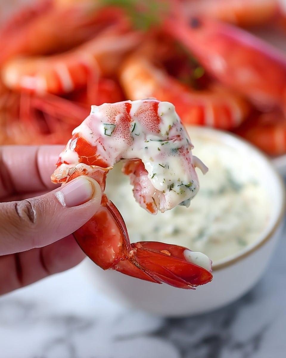 A close-up view of a large shrimp being held by a woman's hand, with the shrimp partially peeled to reveal its pink and white body. The shrimp is dipped in a creamy white sauce speckled with green herbs. In the background, there is a white bowl filled with the same sauce, and blurred red shrimp create a colorful backdrop. The scene is set on a white marbled surface. photo taken with an iphone --ar 4:5 --v 7