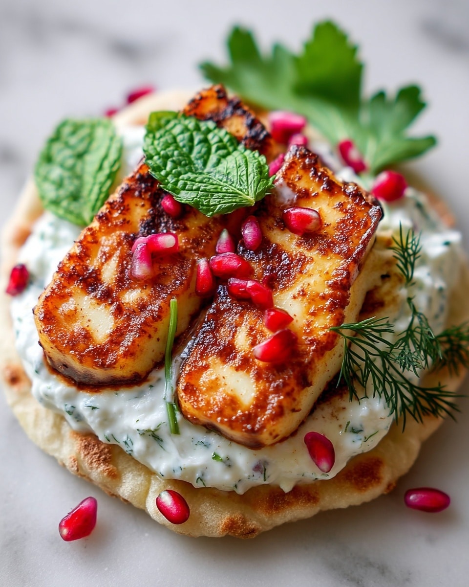 A close-up of a flatbread sandwich with three layers: the bottom layer is a round, light brown flatbread with a soft and slightly uneven texture; the middle layer is a thick spread of creamy white yogurt sauce with green herb flecks, evenly covering the flatbread; the top layer consists of two thick, golden-brown grilled halloumi slices with a crisp surface, scattered vibrant red pomegranate seeds, and fresh green herbs including mint, parsley, and dill leaves placed on and around the halloumi, all arranged on a white marbled surface. photo taken with an iphone --ar 4:5 --v 7