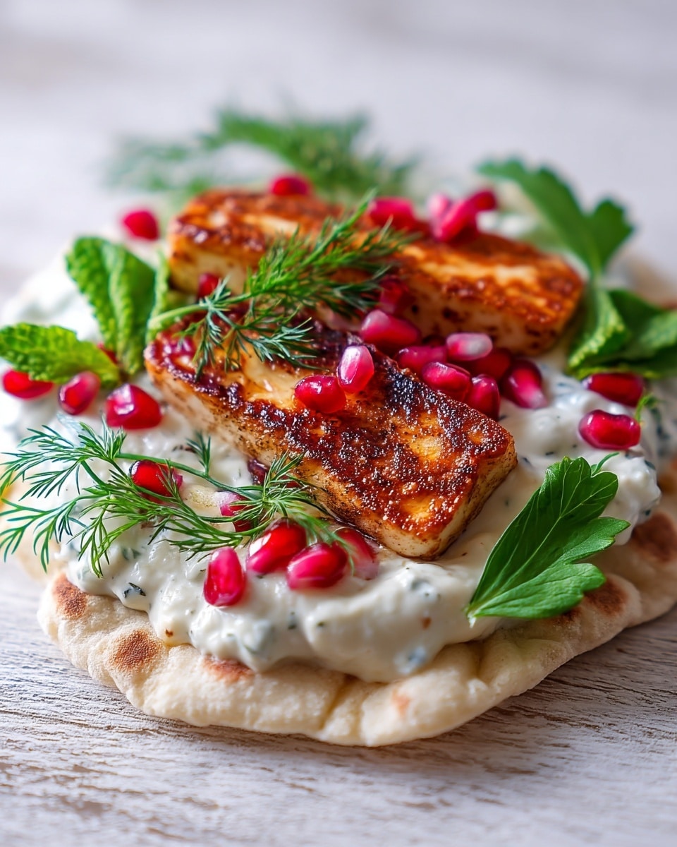 The dish shows a piece of flatbread as the bottom layer with a soft, light beige color and slightly puffed texture. On top, there is a thick layer of creamy white sauce with visible small green herb bits. Above this, three browned, grilled halloumi cheese slices with a slightly crispy and golden exterior are neatly placed. Scattered on and around the cheese are bright red pomegranate seeds adding a pop of color. Fresh green herbs, including dill, flat parsley leaves, and mint, are sprinkled generously, creating a fresh and vibrant look. The food is set on a smooth light wood surface that is natural but changed in editing to a white marbled texture. Photo taken with an iphone --ar 4:5 --v 7