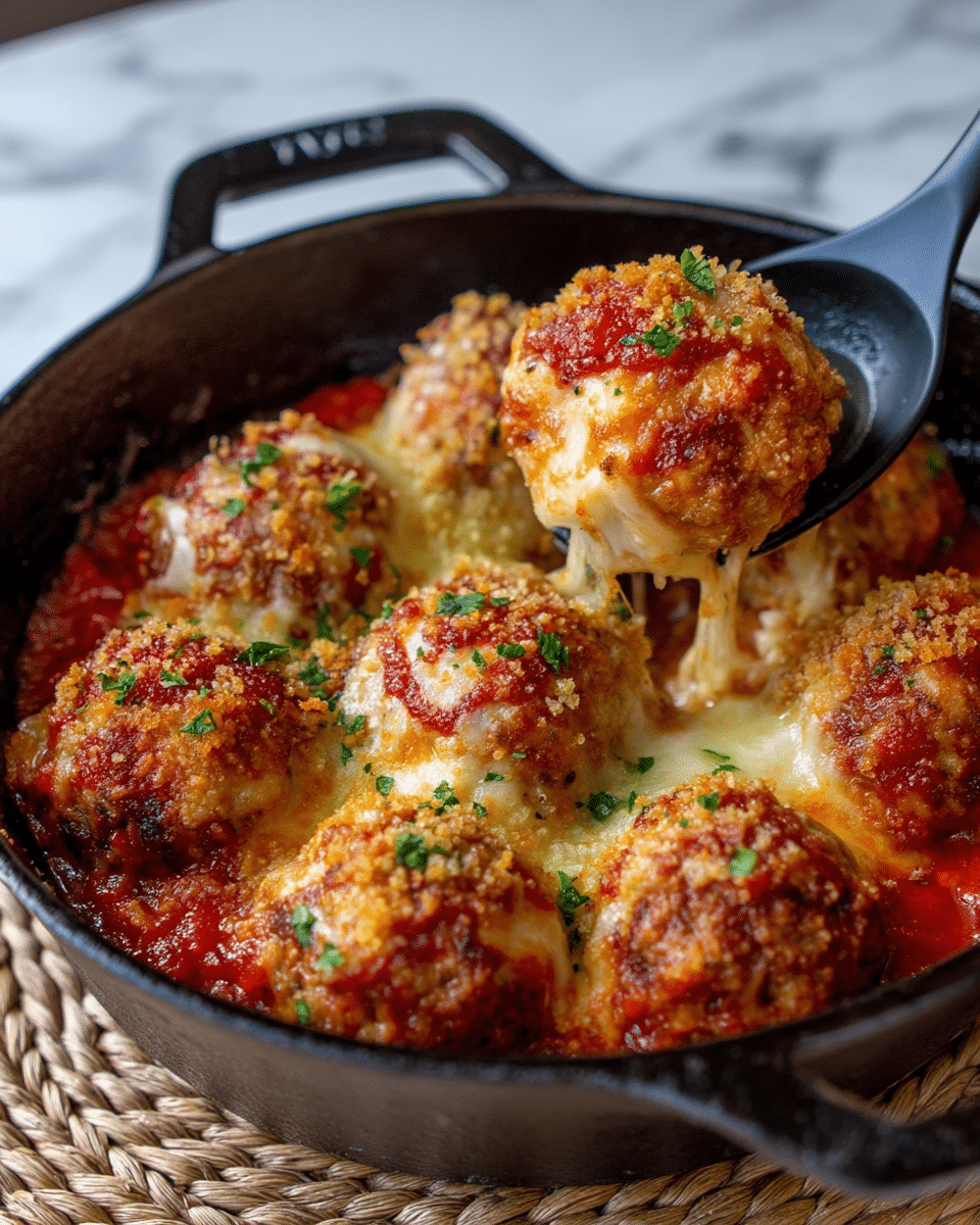 A close-up view of a black cast iron skillet filled with several golden-brown baked meatballs covered in melted, bubbly cheese and sprinkled with light golden breadcrumbs. The meatballs sit in a rich red tomato sauce that peeks through under the cheese and crumbs. A black spoon is scooping one meatball out, showing the soft, cheesy inside mixed with red sauce. The skillet rests on a woven natural fiber mat, all placed on a white marbled surface. Photo taken with an iphone --ar 4:5 --v 7