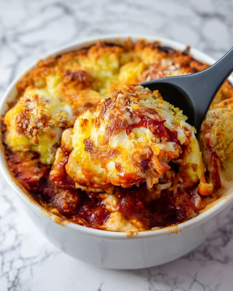 A close-up of a baked dish served in a white bowl, showing a golden-brown, crispy cheese topping with a crumbly texture. Underneath the top layer is a reddish tomato sauce layer, thick and chunky, visible around the edges. The dish appears to have multiple layers of melted cheese and sauce, with some cheese browned slightly darker in spots. A black spoon holds a scoop from the dish, emphasizing the rich, gooey texture. The background has a white marbled texture. photo taken with an iphone --ar 4:5 --v 7