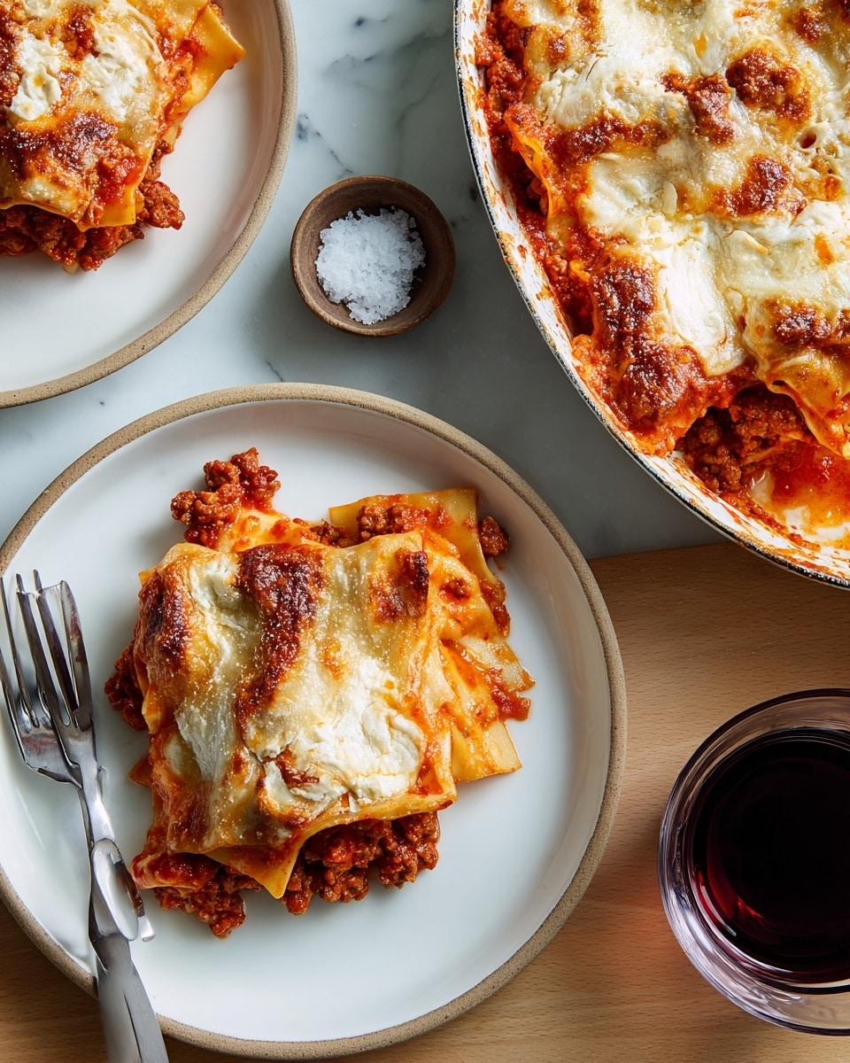 The image shows two white plates with a thick slice of baked lasagna, each slice layered with three visible layers: the base layer is a red tomato sauce mixed with ground meat, the middle layer consists of wide, flat pasta sheets with a slightly orange tint from the sauce, and the top layer is creamy white melted cheese with golden browned spots. The lasagna edges are slightly crisped and browned. On the left side, there is a small white bowl filled with coarse salt and a glass with dark red wine. A silver fork is placed on the bottom plate, and part of the white oval pan containing the rest of the lasagna is visible on the right. All items rest on a white marbled surface. photo taken with an iphone --ar 4:5 --v 7