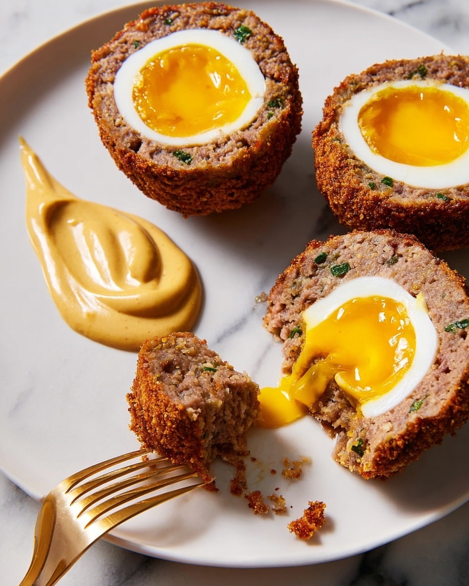 The image shows three pieces of Scotch eggs, each with a bright yellow egg yolk center surrounded by a white egg layer, then covered by a thick, coarse-textured brown meat layer with visible herbs and a crispy coating. The eggs are placed on a white plate with a white marbled surface beneath. One piece is held on a gold fork, showing a bite-sized portion with a mustard-colored sauce dolloped nearby, which has a smooth, creamy texture and waves. Small crumbs of the crispy meat coating are scattered around the plate, adding texture details. Photo taken with an iphone --ar 4:5 --v 7