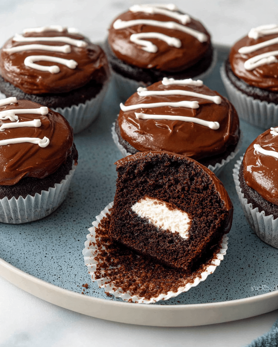 Six chocolate cupcakes are displayed on a white plate with a blue speckled texture, placed on a white marbled surface. Each cupcake has a smooth, glossy dark brown chocolate frosting topped with a white cream zigzag line across the top center. One cupcake is cut in half showing three layers: a rich, dark brown moist cake exterior, a thick creamy white filling at the center, and a thin layer of chocolate frosting covering the cake top just above the filling. The cupcake liners are plain white with some chocolate crumbs on them. photo taken with an iphone --ar 4:5 --v 7