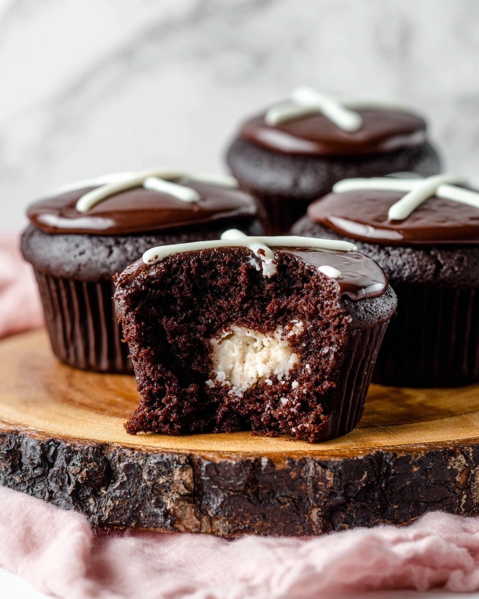 The image shows a close-up of four chocolate cupcakes on a wooden stand with a dark bark edge. Each cupcake has a rich, dark brown cake base with a smooth layer of shiny dark chocolate ganache on top. The ganache is decorated with a white icing design that looks like a cross or plus sign. One cupcake in front is cut open, revealing a thick cream-colored filling inside the moist, dark chocolate cake. The background is a white marbled texture, and there is a soft pink cloth slightly blurred underneath the stand. Photo taken with an iphone --ar 4:5 --v 7