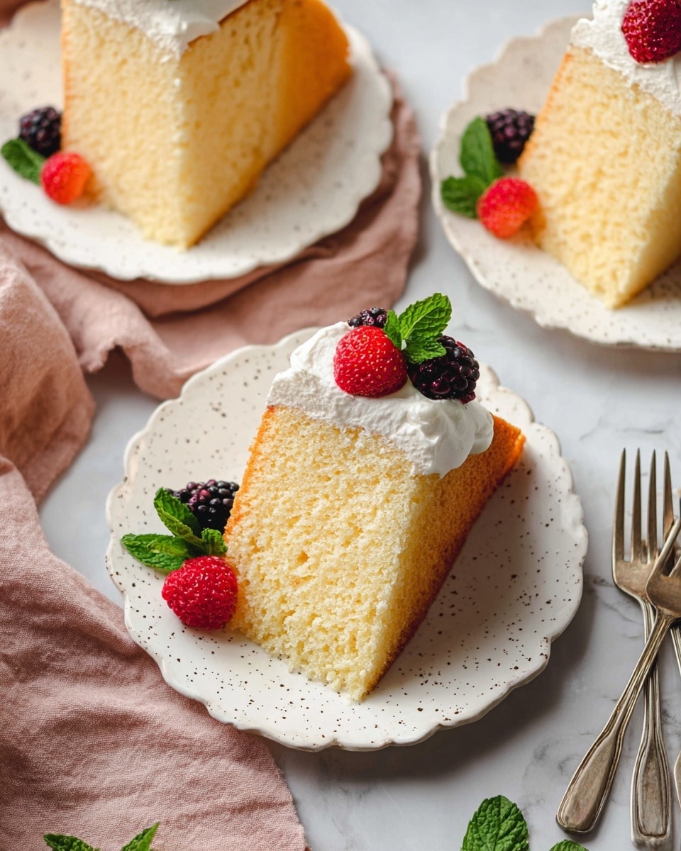 The image shows slices of light yellow sponge cake with a soft, airy texture and a golden brown crust, each placed on white plates with small black speckles and scalloped edges. Each slice has a thick topping of white whipped cream on one side, adorned with fresh berries including red raspberries, blackberries, and strawberry slices, along with small green mint leaves that add a pop of color. The background is a white marbled texture, and there is a pale pink cloth with two silver forks on the side. The overall presentation looks fresh, airy, and inviting. photo taken with an iphone --ar 4:5 --v 7