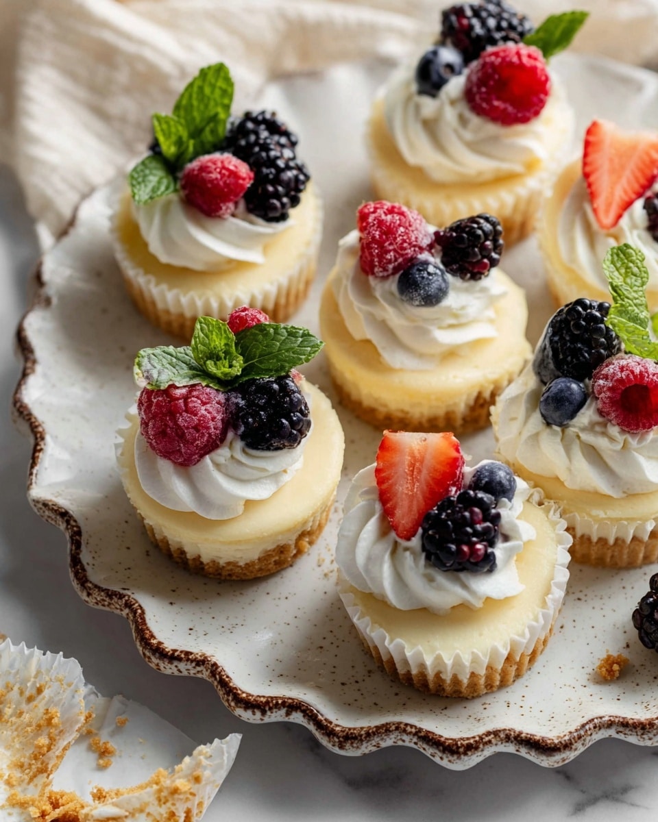 The image shows several small cheesecake cups on a white plate with brown speckles and scalloped edges, placed on a white marbled surface. Each cheesecake cup has three main layers: a light golden crust at the bottom, a thick pale yellow cheesecake layer in the middle, and a generous swirl of white whipped cream on top. Various fresh berries decorate each cup, including dark blackberries, deep red strawberries, bright red raspberries, and dark blueberries, with small bright green mint leaves adding a fresh touch. One cheesecake cup is unwrapped, showing crumbs around it on the plate. The colors are soft and bright, highlighting the creamy and fresh textures of the dessert. photo taken with an iphone --ar 4:5 --v 7