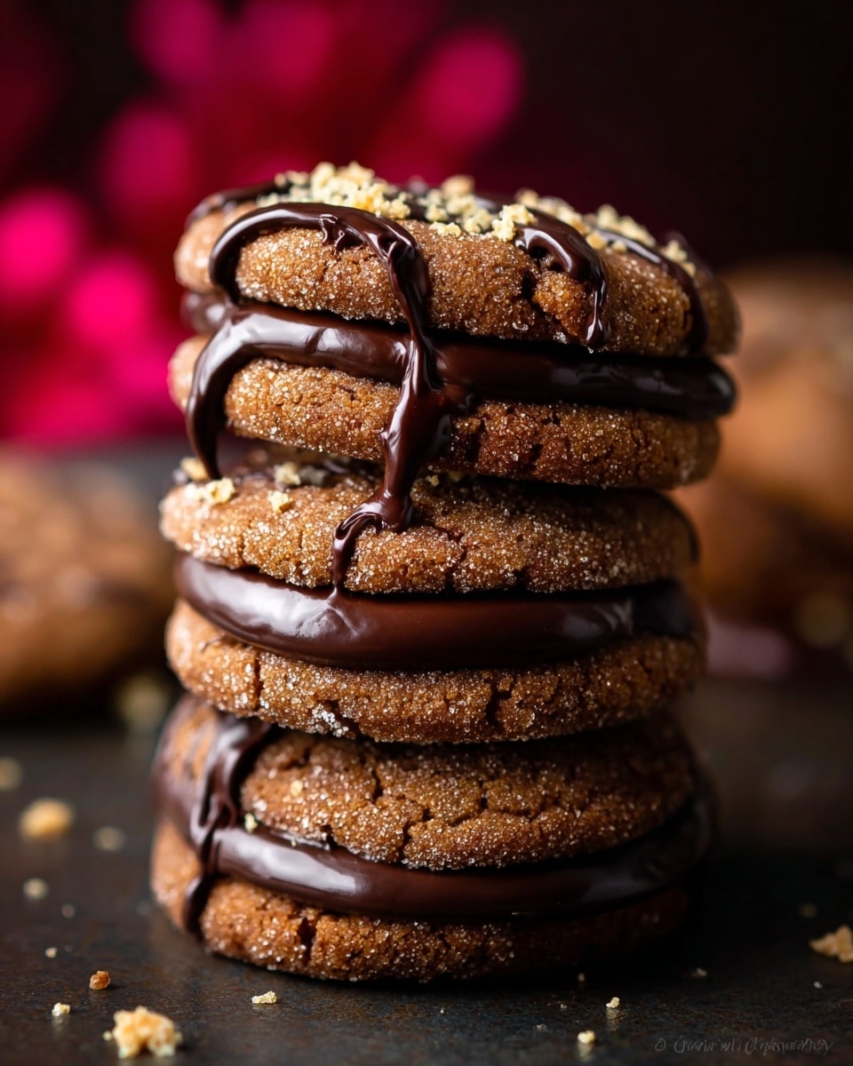 A close-up view of a stack of three textured brown cookies with a sugary surface, each sandwiching a thick layer of smooth, shiny dark chocolate that slightly drips down the sides; the top cookie has a drizzle of dark chocolate and small light beige crumbs sprinkled on it. The cookies are placed on a dark, blurred surface with hints of bright red in the soft-focus background, suggesting a cozy atmosphere. photo taken with an iphone --ar 4:5 --v 7