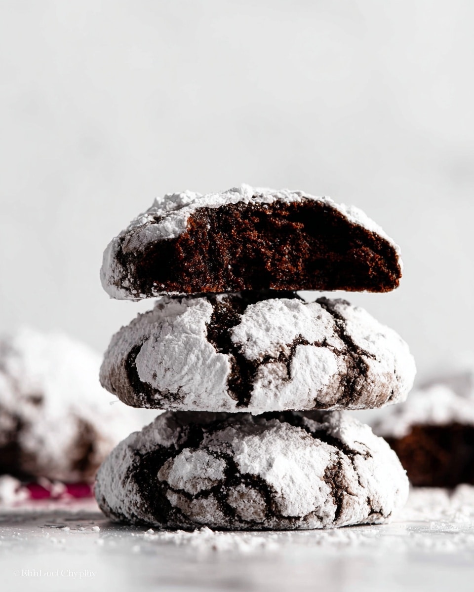 A stack of three dark chocolate cookies covered with a white powdered sugar coating is shown in close-up. The top cookie is broken in half, showing its soft, moist, and dark brown inside texture with cracks on the surface dusted with powdered sugar. The middle cookie remains whole with a rough, crinkled look, while the bottom cookie's surface is also coated in powdered sugar, creating a contrast between the dark chocolate and the white sugar. The background is a white marbled texture with some blurred pieces of cookies visible. photo taken with an iphone --ar 4:5 --v 7