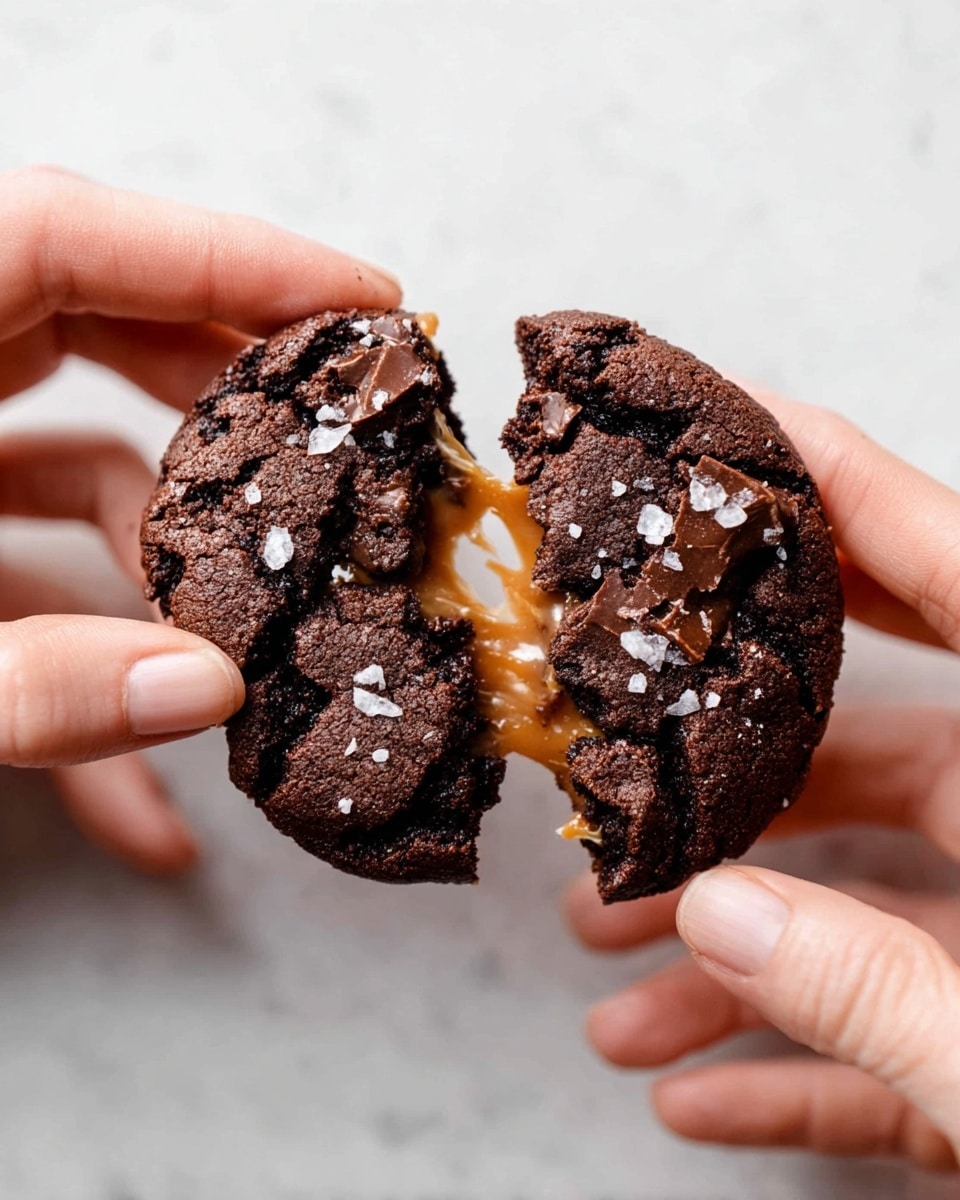 A close-up image of a dark brown chocolate cookie being pulled apart by two woman's hands, showing a gooey, melted caramel layer stretching between the separated halves. The cookie surface is textured with small chocolate chunks and sprinkled lightly with coarse sea salt, creating a contrast of dark brown and white specks. The background is a clean, white marbled texture, emphasizing the rich, soft texture of the cookie and the warm caramel inside. photo taken with an iphone --ar 4:5 --v 7