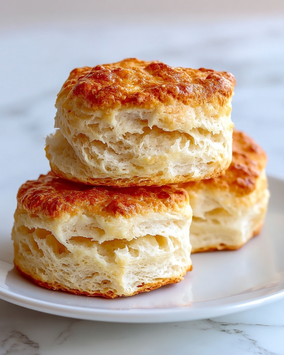 Three golden brown biscuits are stacked loosely on a white plate, positioned on a white marbled surface. The biscuits have a flaky, soft texture with visible layers inside showing a light cream color. Each biscuit has a crispy outer layer with a warm golden hue and delicate crumb edges. The inside layers are uneven and fluffy, with a slight shine making them look fresh and tender. photo taken with an iphone --ar 4:5 --v 7