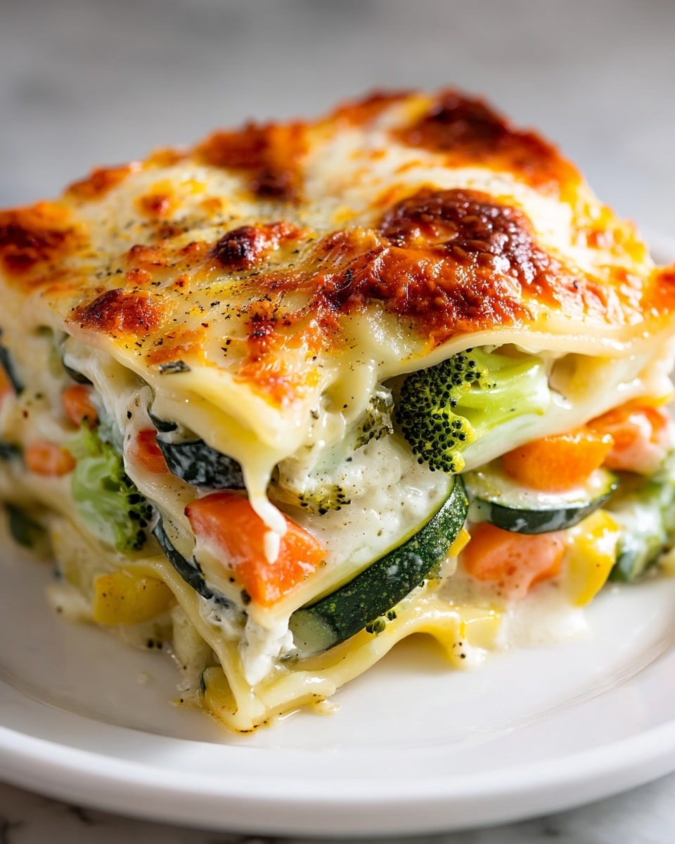 A close-up view of a slice of vegetable lasagna with multiple layers visible, starting with a browned, bubbly golden cheese layer on top speckled with black pepper; beneath this is a creamy white sauce layer with soft, slightly translucent pasta sheets; next, there are layers of bright green broccoli florets, orange carrot slices, dark green zucchini rounds, and yellow squash pieces mixed with more creamy sauce, all stacked evenly to show the colorful vegetable filling and smooth texture of the pasta. The slice sits on a white plate over a white marbled surface. photo taken with an iphone --ar 4:5 --v 7