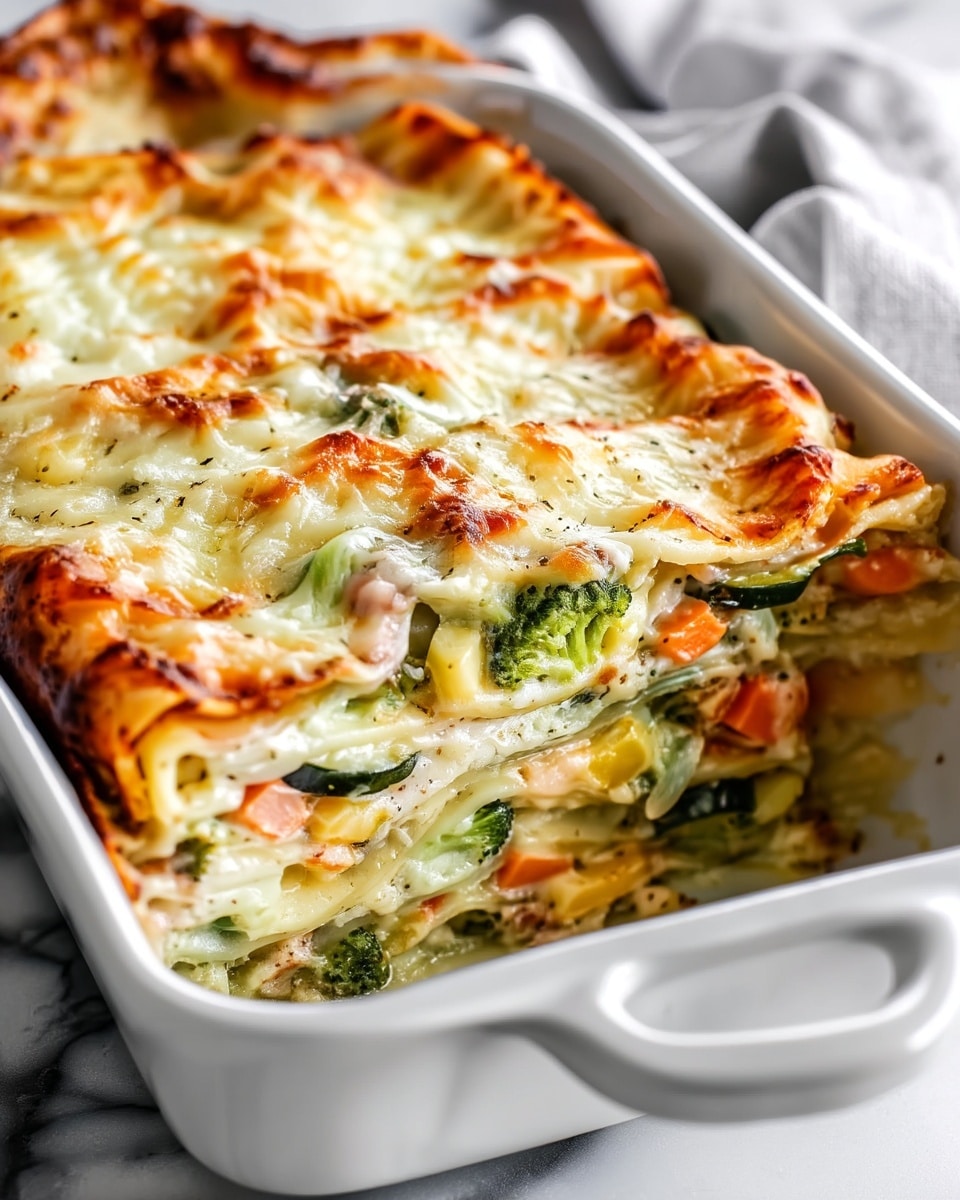 A close-up view of a baked vegetable lasagna in a white ceramic baking dish, showing multiple thick layers of soft pasta sheets alternating with creamy white sauce, vibrant green broccoli pieces, orange carrot chunks, and light yellow squash bits. The top layer is covered in golden, bubbly melted cheese with slightly browned spots that look crispy. The edges of the pasta sheets curl softly, and a light sprinkle of black pepper adds texture and contrast. The dish sits on a white marbled surface with part of a gray cloth visible in the background. photo taken with an iphone --ar 4:5 --v 7