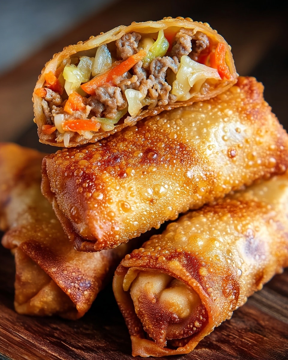 A close-up view of golden brown fried spring rolls with a crispy, bubbly texture on the outside, stacked on a dark wooden surface; the top spring roll is cut open to show the inside layers of cooked ground meat mixed with thin, slightly translucent cabbage pieces and bright orange carrot strips, all tightly packed in light brown, crisp wrappers. photo taken with an iphone --ar 4:5 --v 7