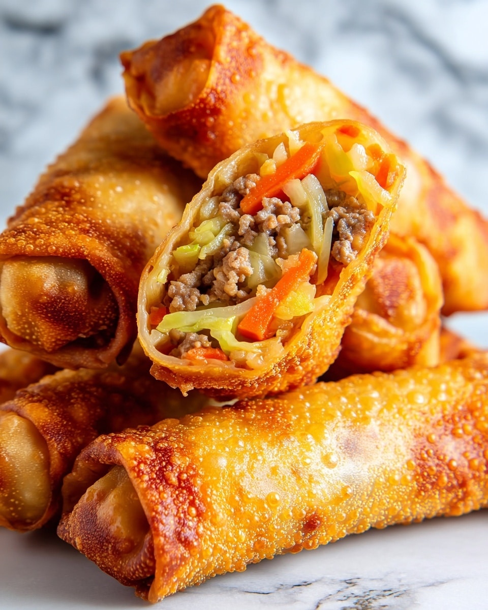 A close-up view of several golden-brown fried egg rolls stacked on top of each other, with one egg roll cut in half showing the filling inside. The outer layer is crispy with small bubbles and a rich golden color. Inside, the filling shows a mix of cooked ground meat in light brown, thin strips of carrot in bright orange, and shredded cabbage in pale yellow, all tightly packed. The texture of the filling looks moist and soft, contrasting with the crunchy outer shell. The scene is set on a white marbled texture. photo taken with an iphone --ar 4:5 --v 7