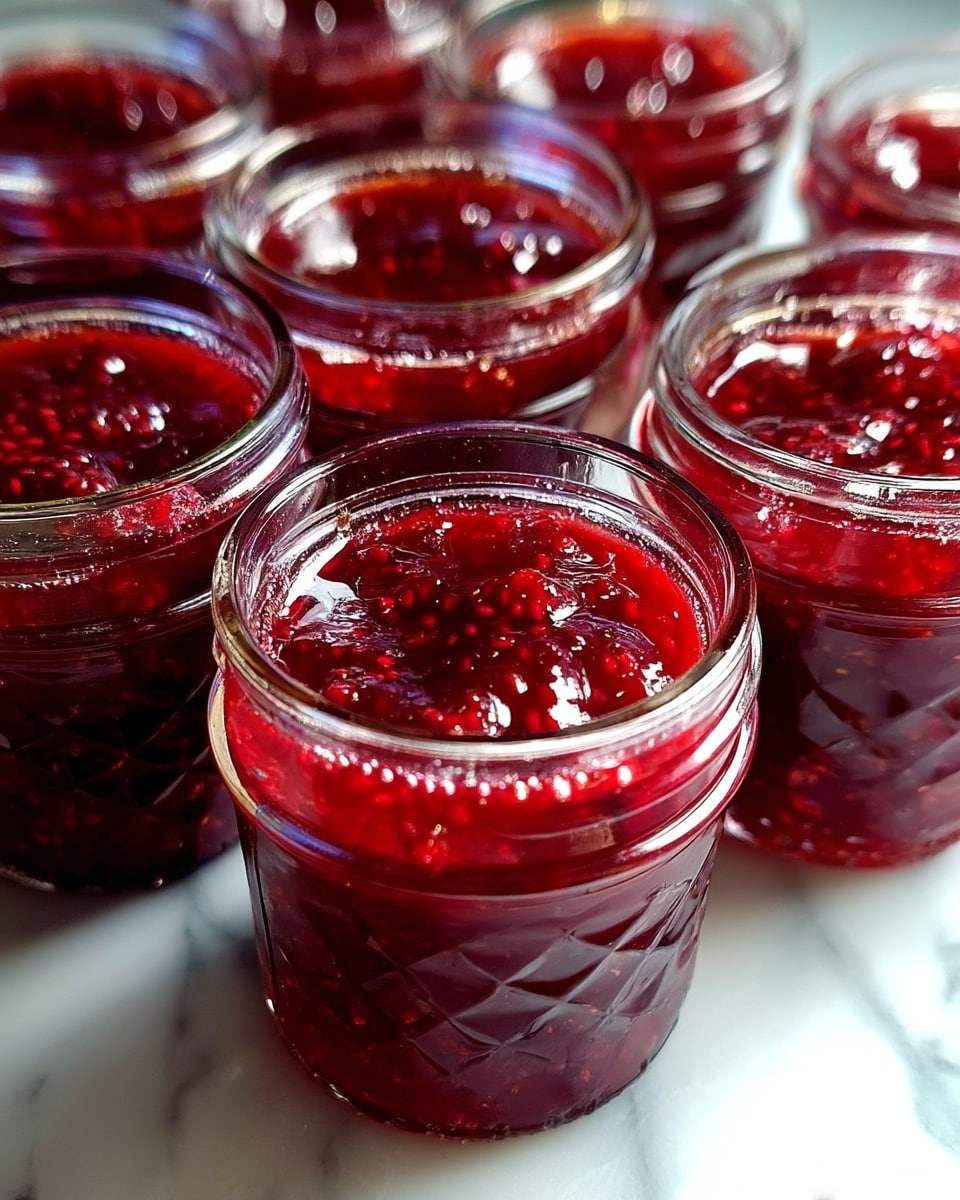 Several small clear glass jars are filled to the top with a deep red, thick jam containing visible bits of fruit. The jam has a glossy, slightly chunky texture with pieces of berries dispersed throughout. The jars are closely placed together on a white marbled textured surface with a soft light reflecting off the jam, making it look fresh and shiny. photo taken with an iphone --ar 4:5 --v 7