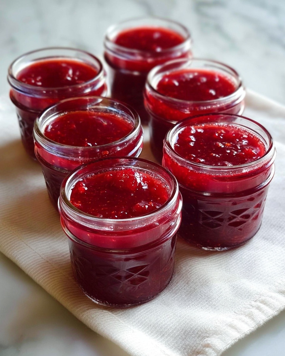 There are six small glass jars filled with bright red jam that looks thick and slightly chunky with visible bits of fruit. The jars are closely placed together on a light-colored cloth with a soft texture on top of a white marbled surface. The jam shines a bit under the light, showing a glossy, rich texture. All jars are filled almost to the top, showing the jam’s deep red color clearly. photo taken with an iphone --ar 4:5 --v 7