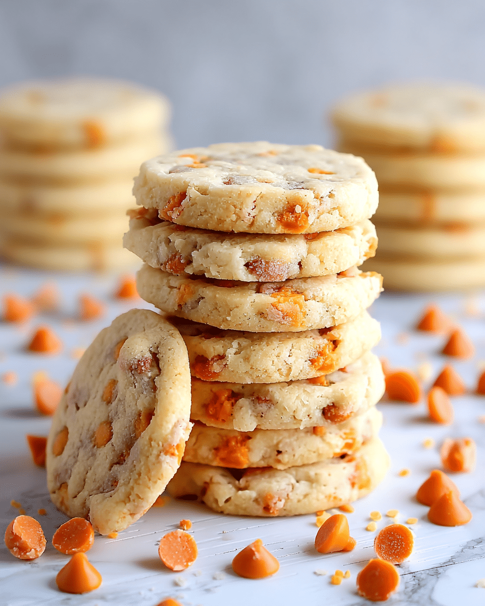 A tall stack of light beige cookies with visible bright orange butterscotch chips mixed evenly throughout each cookie is shown. The cookies are round and slightly thick, with a crumbly texture visible on the surface. One cookie leans against the stack at the front, showing its full round shape and chip details. The cookies are placed on a white marbled surface with scattered butterscotch chips around the base of the stack. In the blurred background, there is another smaller stack of similar cookies. The lighting is soft, highlighting the texture and warm color of the chips. Photo taken with an iphone --ar 4:5 --v 7