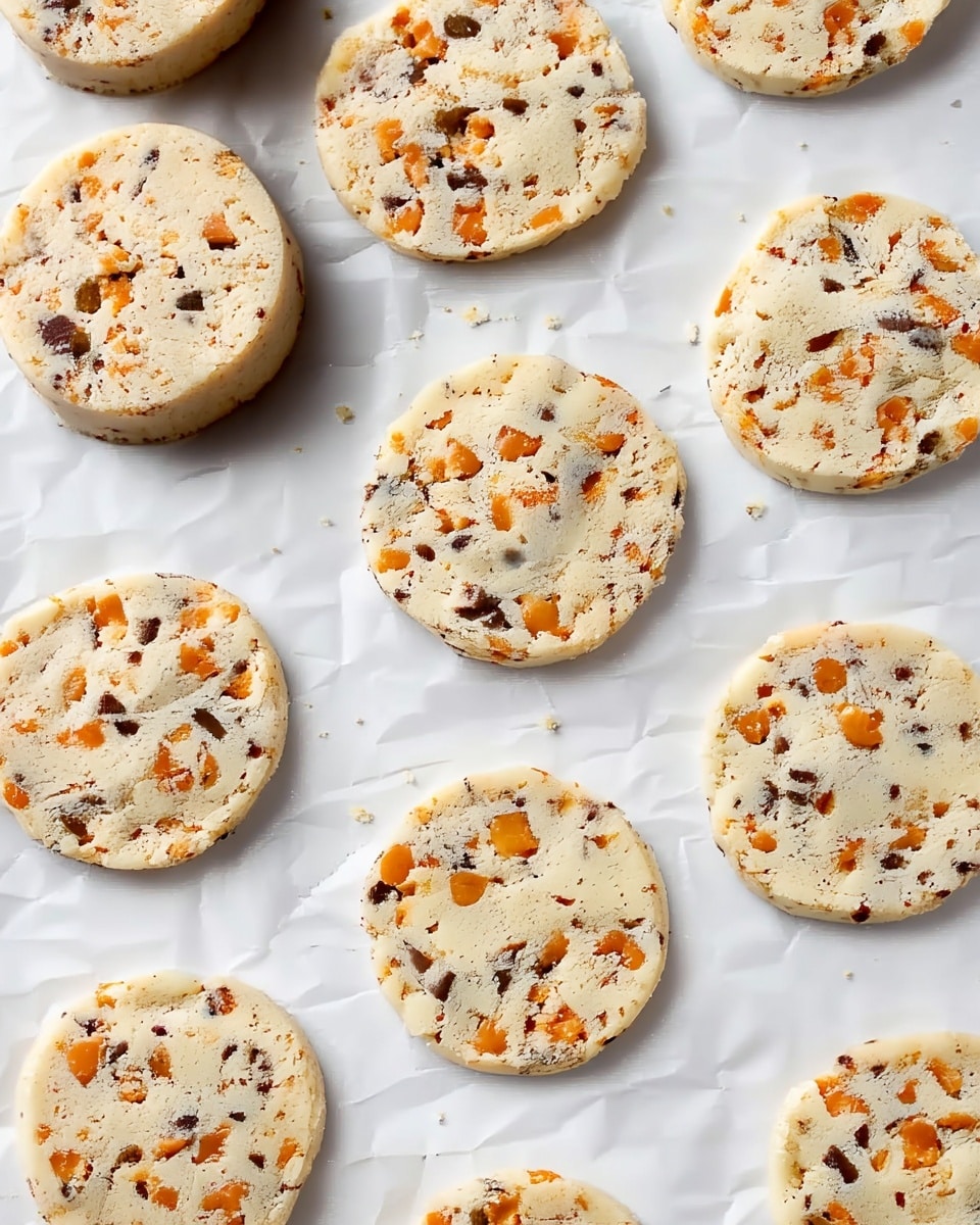 A group of eleven raw cookie dough rounds are arranged on white crumpled parchment paper over a white marbled surface. Each round is light beige with visible small butterscotch chips and darker chocolate chunks spread evenly through the dough. The cookies are flat and slightly thick with smooth edges. Tiny crumbs are scattered around the cookies on the parchment. The overall look is a close-up top view of unbaked cookie dough discs. photo taken with an iphone --ar 4:5 --v 7