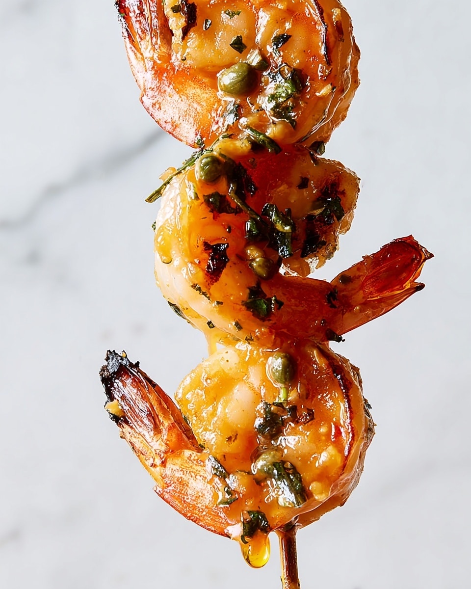 The image shows two grilled shrimp stacked vertically on a skewer, each coated with a glossy, orange sauce that looks creamy and slightly charred at parts, giving a grilled texture. Small green herbs and capers are scattered across the shrimp, adding flecks of dark green and light green on the orange-pink shrimp shells. The shrimp tails are curved and a little crispy at the end, showing some grill marks and light browning. A small drop of sauce is falling from the bottom shrimp, highlighting the moistness of the dish. The background is a clean white marbled texture. photo taken with an iphone --ar 4:5 --v 7