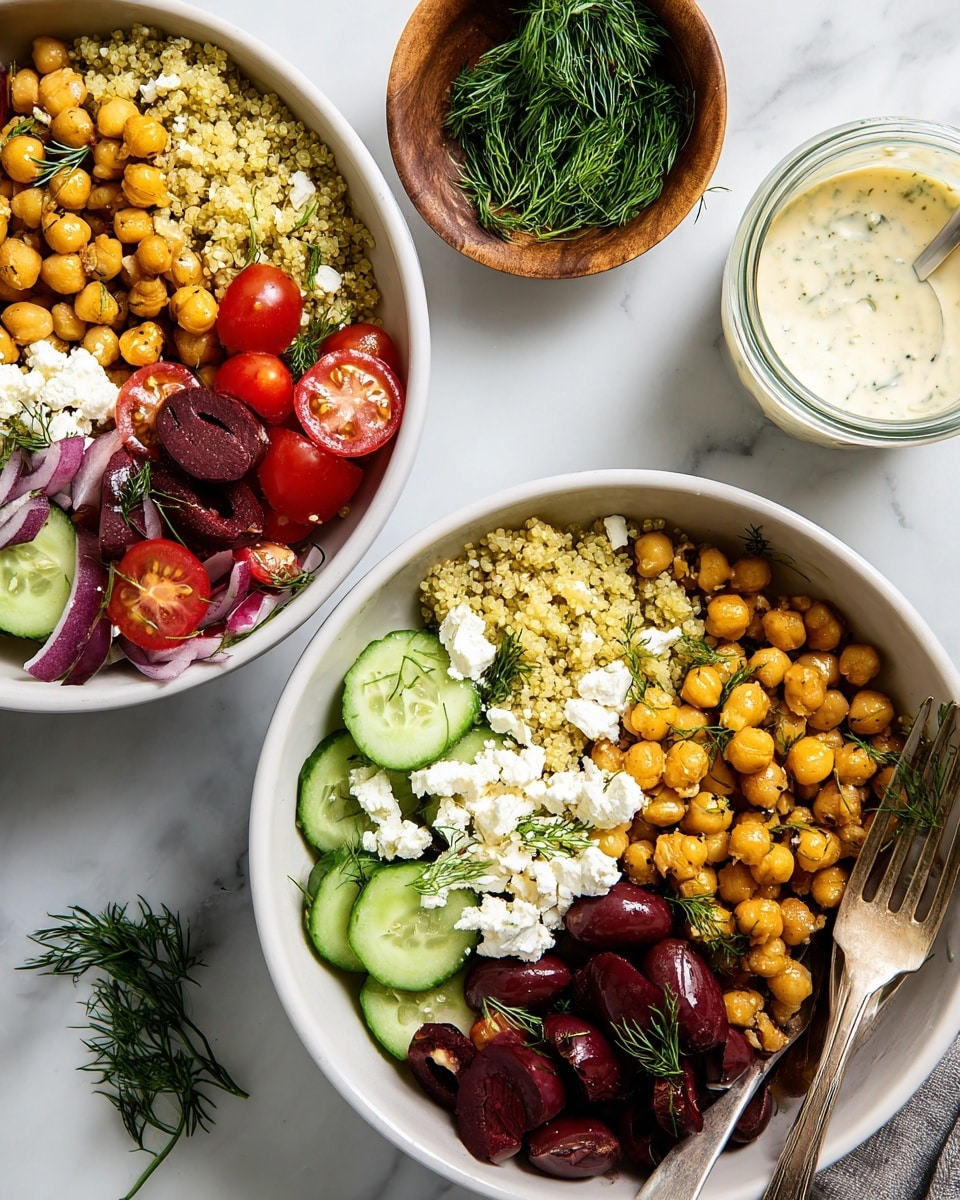 Two white bowls are filled with a layered salad placed on a white marbled surface. Each bowl has a quinoa base with a light yellow color, topped by golden chickpeas covering a large portion. One side has dark purple sliced olives, next to thin green cucumber slices, while another section holds soft white crumbled cheese. Bright red cherry tomatoes, some whole and one cut in half, rest above the chickpeas. Small green dill sprigs are scattered over the ingredients and around the bowls. A small wooden bowl filled with fresh dill is nearby, alongside a small white jar of creamy dressing. A silver fork rests on the edge of the bowl on the right. photo taken with an iphone --ar 4:5 --v 7