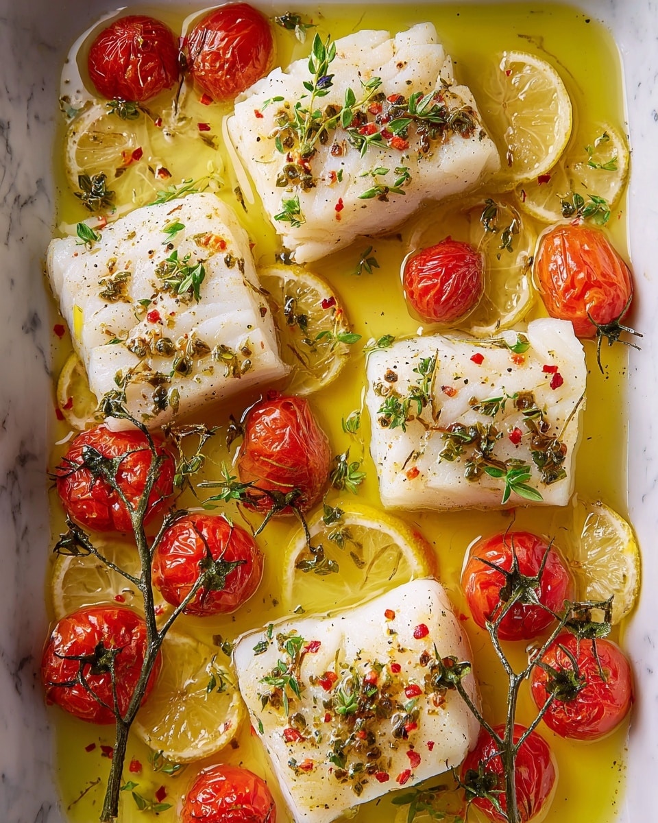 The image shows a white fillet of cooked fish placed on top of a yellow-green slice of cooked lemon on a white plate. The fish is garnished with small green leaves, red pepper flakes, and some black pepper, giving it a fresh and spicy look. To the side, there are three roasted cherry tomatoes with a glossy red appearance. A silver fork with small pieces of the white flaked fish is resting on the plate. The plate sits on a white marbled surface. photo taken with an iphone --ar 4:5 --v 7