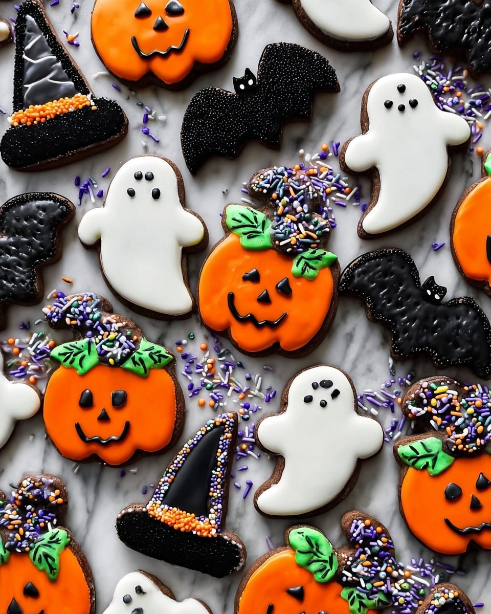 The image shows a group of Halloween-themed cookies laid out on a white marbled surface. Each cookie has a dark brown base shaped like bats and ghosts. They are topped with a smooth white glaze that covers the main surface of each cookie. On top of the glaze, there are colorful sprinkles in orange, yellow, white, purple, green, black, and some cookies have two round black and white eyes made from icing. The sprinkles add a fun texture and bright spots of color on the white icing. The overall look is festive and playful. Photo taken with an iphone --ar 4:5 --v 7