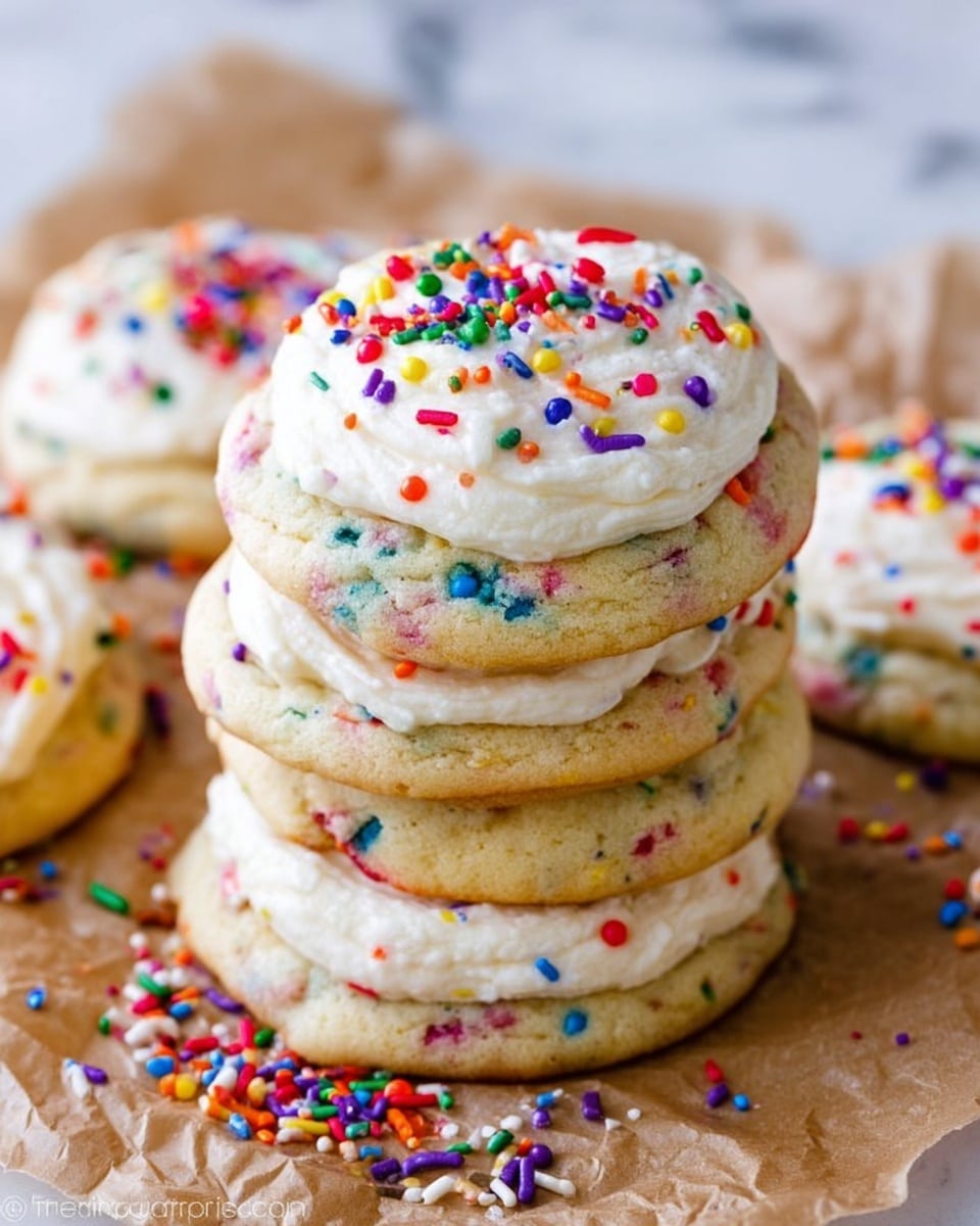 The image shows two views of funfetti cookies. The top part shows several thick, round cookies with a light golden base, scattered with bright, small bits of rainbow sprinkles inside the dough. Each cookie is topped with a smooth layer of white frosting that has a soft swirl texture, decorated with colorful small round sprinkles on top. The bottom part shows many plain cookies without frosting, arranged in a pile on a white plate with a raised edge and decorative pattern, all resting on a brown wooden surface that is now replaced by white marbled texture. The cookies have a slightly cracked surface with colorful sprinkles embedded inside. photo taken with an iphone --ar 4:5 --v 7