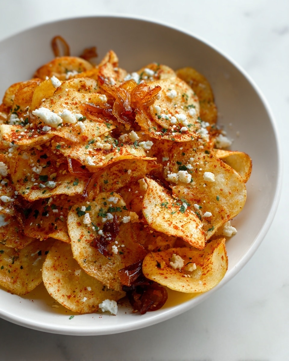 A white plate filled with a single layer of golden, crispy potato chips, each chip showing a mix of light yellow and orange-brown colors from seasoning. On top of the chips, there are small clusters of white crumbly cheese and bits of browned onion scattered unevenly, adding texture and color contrast. Flecks of green herbs are sprinkled over the chips, cheese, and onions, creating a fresh look. The plate is set on a white marbled surface, adding a clean and bright background. Photo taken with an iphone --ar 4:5 --v 7