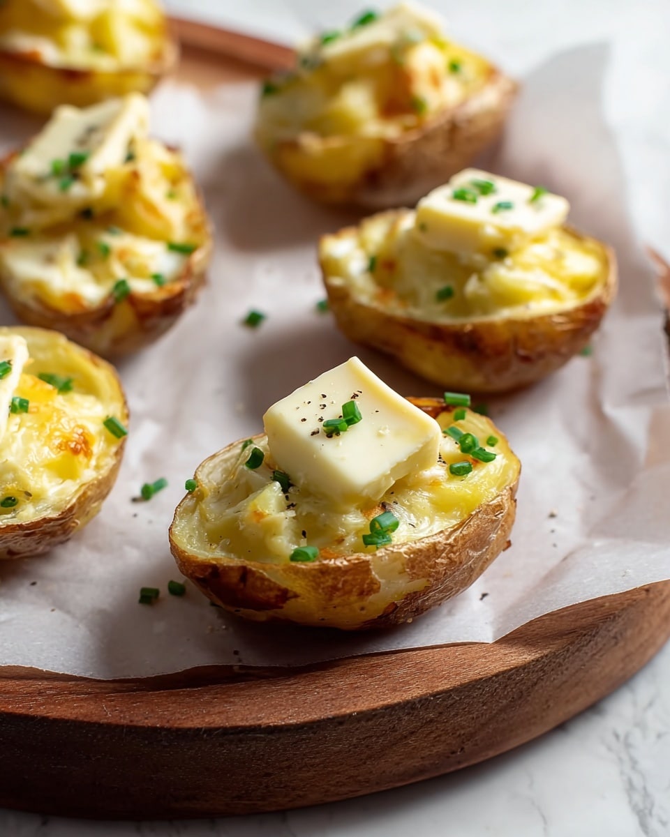 The image shows several small stuffed potato halves arranged on white parchment paper over a wooden round plate. Each potato half has a crispy brown skin outer layer, filled with a creamy mashed potato mixture that is light yellow with some specks of herbs. On top of this filling, there is a layer of melted pale yellow cheese with a glossy, smooth texture. Small triangular slices of soft white cheese with a creamy texture sit on top of the melted cheese in each potato, and they are garnished with tiny green chive pieces. The photo is taken with an iphone --ar 4:5 --v 7