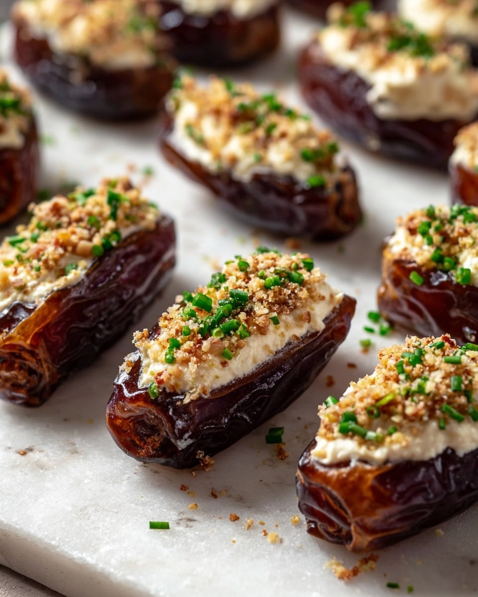 The image shows a group of dark brown, wrinkled dates cut open and filled with a creamy white layer on top. On this creamy layer, there are small chopped light brown nuts and green chopped herbs sprinkled over, giving a fresh look. The dates are arranged on white parchment paper with a white marbled texture underneath. Some green herbs are scattered around the dates for decoration. The photo is focused mostly on the dates in the front, blurring the background slightly for depth. photo taken with an iphone --ar 4:5 --v 7