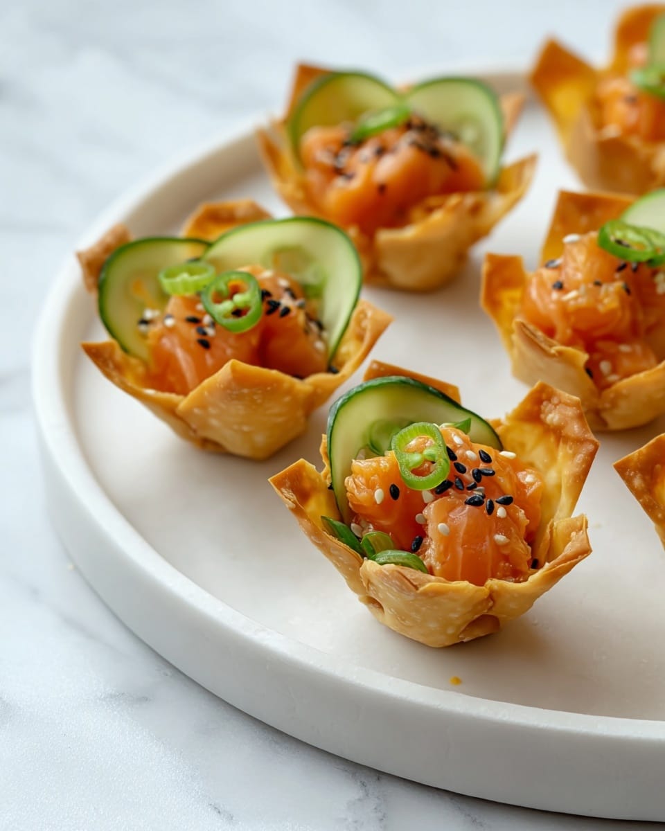 Small crispy golden-brown cups made from thin pastry form the base of the dish. Inside each cup, there are bright orange chunks of marinated fish mixed with a creamy sauce. Thin, green cucumber slices are tucked into the side of each cup, adding a fresh contrast. The top is garnished with thin, circular slices of green chili and sprinkled with small black and white sesame seeds. All the cups are arranged on a round white plate, placed on a white marbled surface. photo taken with an iphone --ar 4:5 --v 7