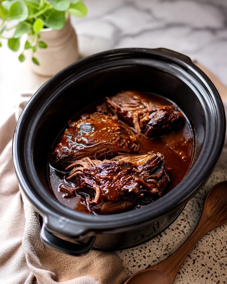 A black slow cooker filled with three large pieces of slow-cooked beef roast sits in the center. The beef is dark brown with a rich, glossy texture and appears tender, with some of it shredded slightly. The meat is bathed in thick, dark brown gravy that covers the base of the cooker. The slow cooker is placed on a light-colored, textured cloth on top of a white marbled surface. In the bottom right corner, a wooden spoon is partially visible. In the blurred background, there is a green plant in a light-colored pot. photo taken with an iphone --ar 4:5 --v 7