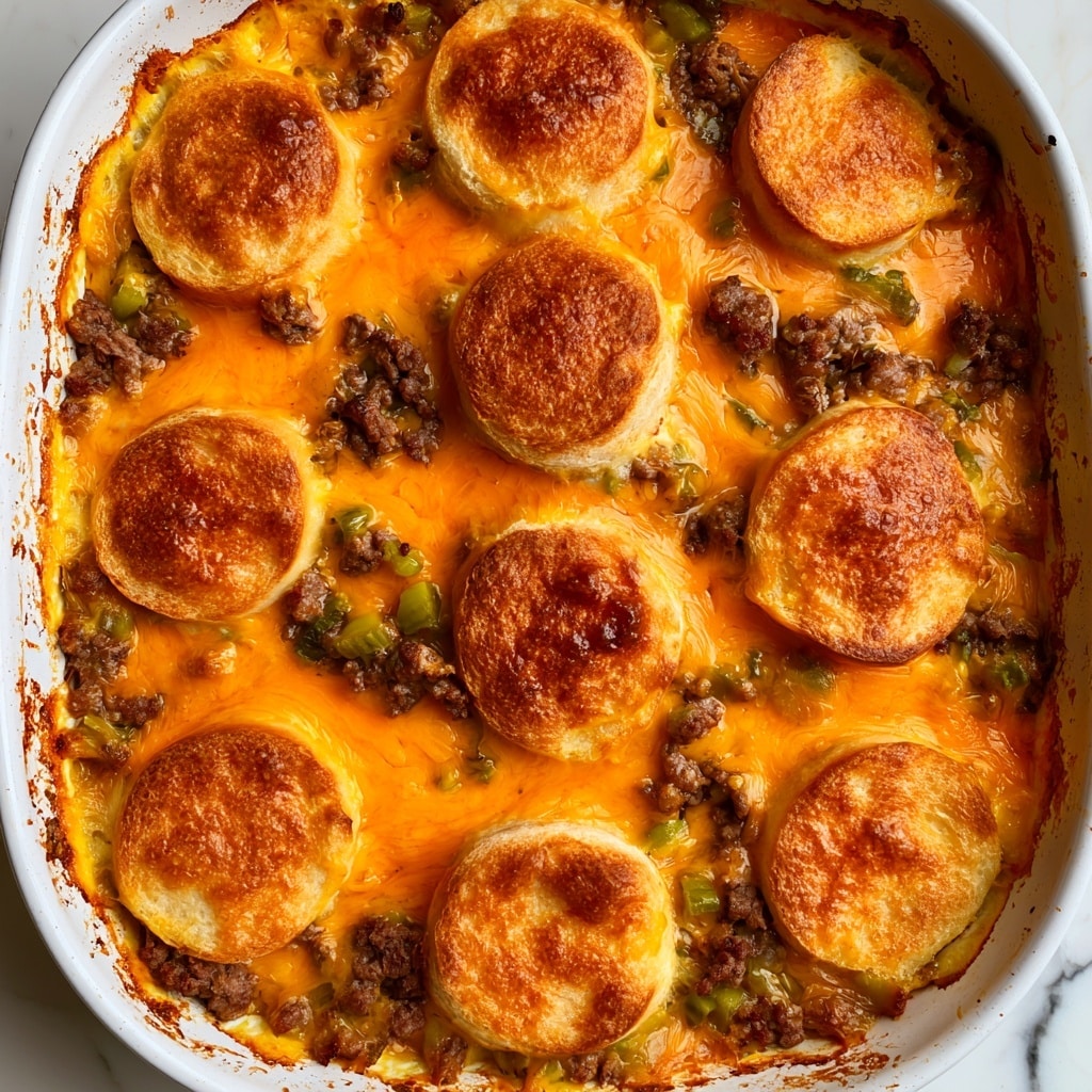 A white baking dish filled with a layered casserole featuring twelve toasted golden-brown bread tops evenly placed across the surface. Between the bread caps is a mixture of browned ground beef and small green pickle pieces, all covered with melted bright orange cheddar cheese that has a slightly oily sheen. The edges of the dish show some browned bits from baking, and the whole dish rests on a white marbled surface. photo taken with an iphone --ar 4:5 --v 7