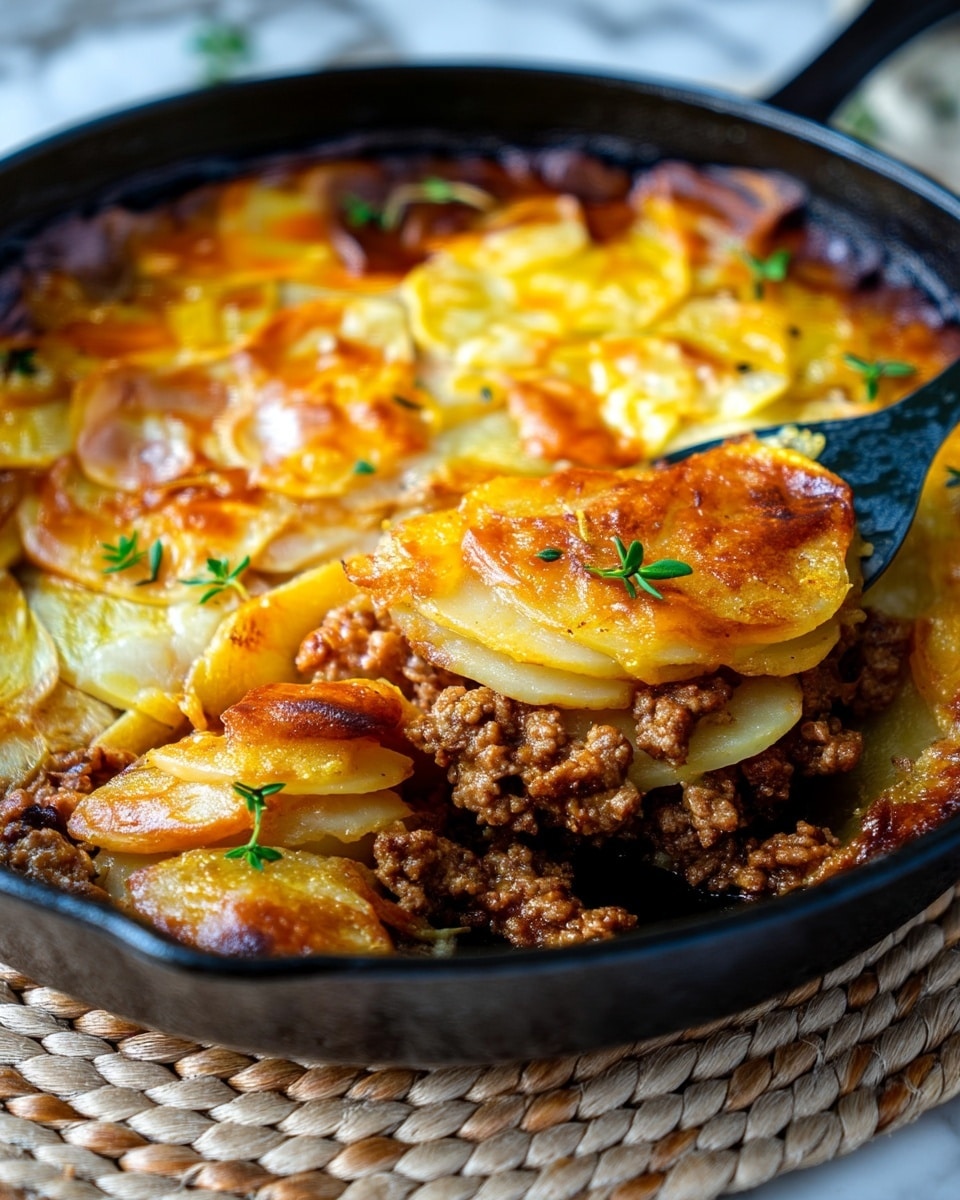 The image shows a round black cast iron pan filled with a golden brown potato gratin. The dish has several thin layers of potato slices, with the top layer crisp and browned in parts, showing a mix of deep amber and lighter yellow tones with a slight shine from melted cheese or butter. Small green herb leaves, possibly thyme, are scattered across the top for garnish. The pan sits on a woven placemat on a white marbled surface. Photo taken with an iphone --ar 4:5 --v 7