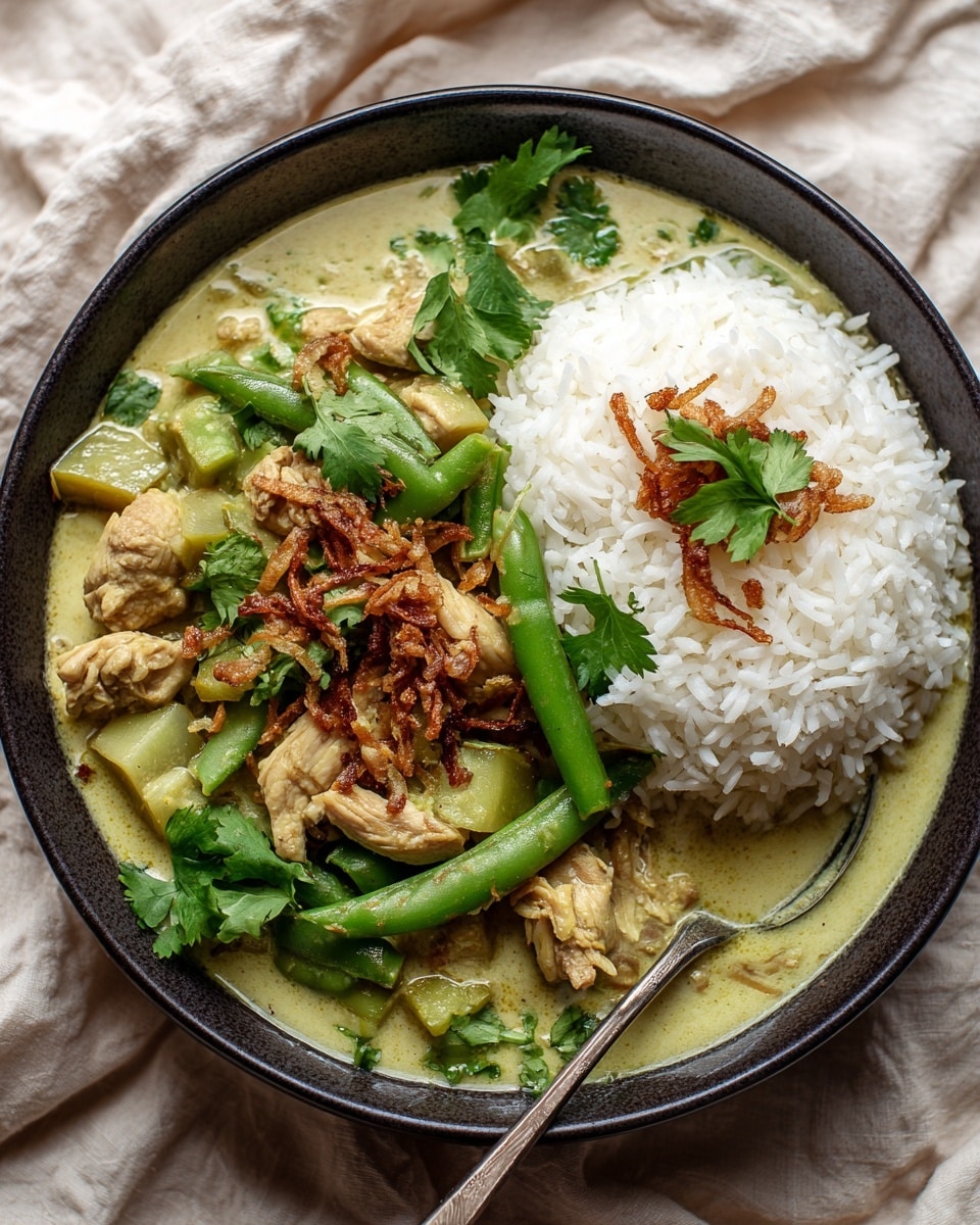A close-up of a dark bowl filled with a creamy, pale green curry layered with chunks of light green eggplant, green snap peas, and pieces of tender chicken in a thick sauce. The curry is on one side, topped with crispy brown fried shallots and fresh green cilantro leaves. On the other side, there is a mound of fluffy white rice with some fried shallots sprinkled on top. A spoon is partially dipped into the curry. The bowl is set on a soft, beige fabric with a white marbled textured surface underneath. Photo taken with an iphone --ar 4:5 --v 7