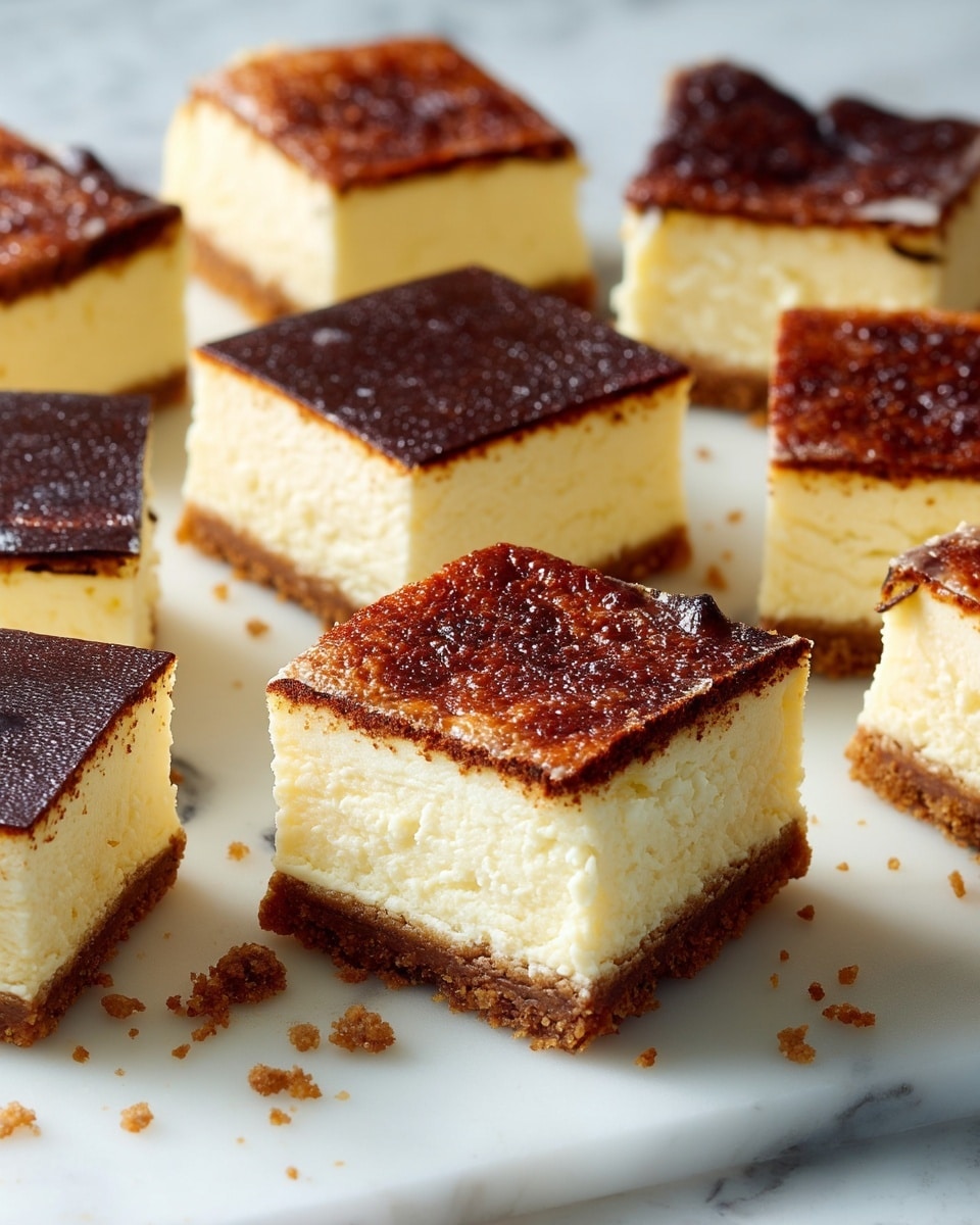 The image shows several square cheesecake pieces placed on a white marbled surface. Each piece has three visible layers: the bottom layer is a crumbly brown crust, the middle layer is a thick creamy pale yellow cheesecake, and the top layer is a thin, dark, slightly burnt-looking brown layer. The cheesecake pieces are arranged closely but not touching, with some crumbs scattered around. Photo taken with an iphone --ar 4:5 --v 7